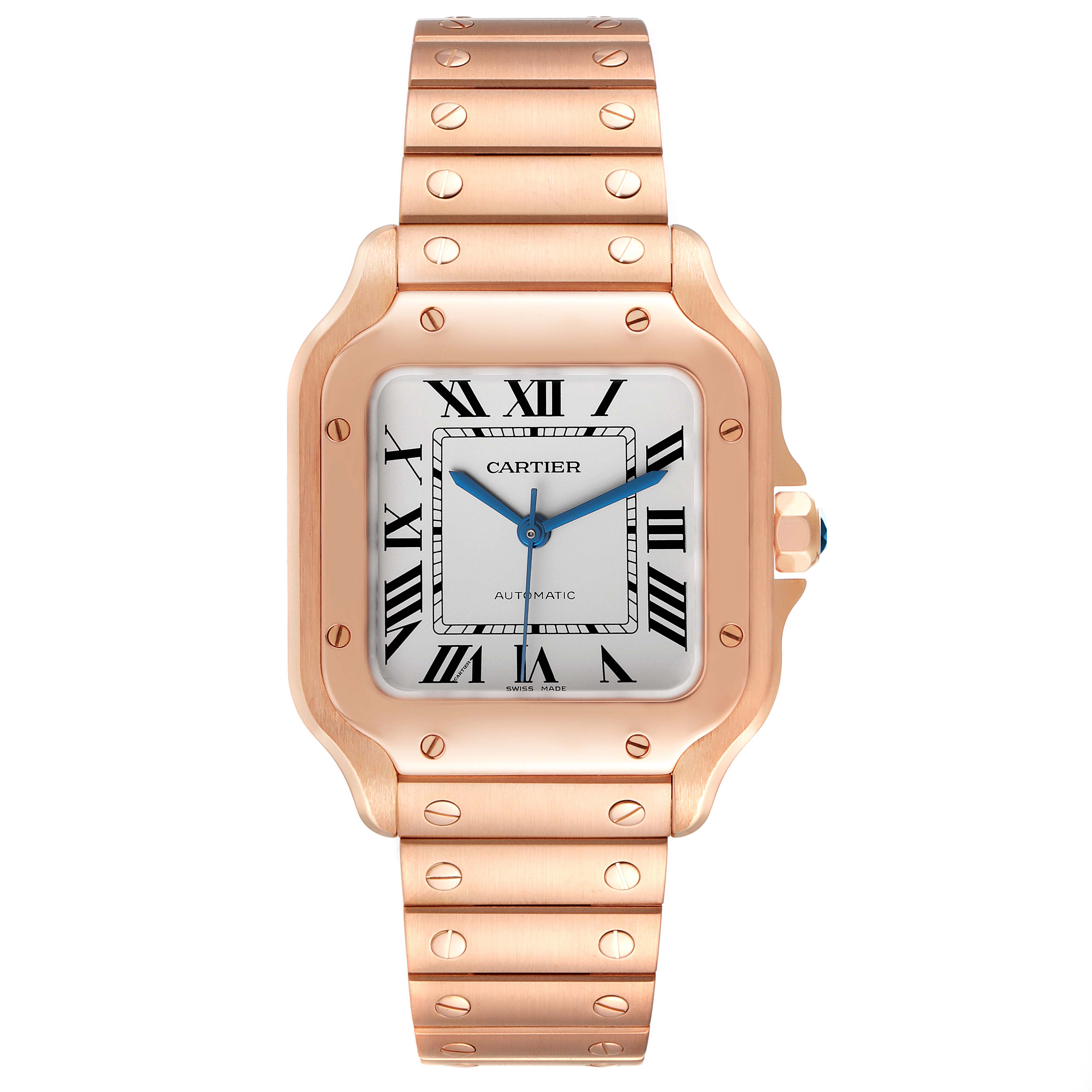 The image shows a front view of the Cartier Santos WGSA0008 Men's Rose Gold Silver Dial WGSA0008 Men's Rose Gold Silver Dial watch, highlighting its rose gold case, bracelet, and Roman numeral dial.