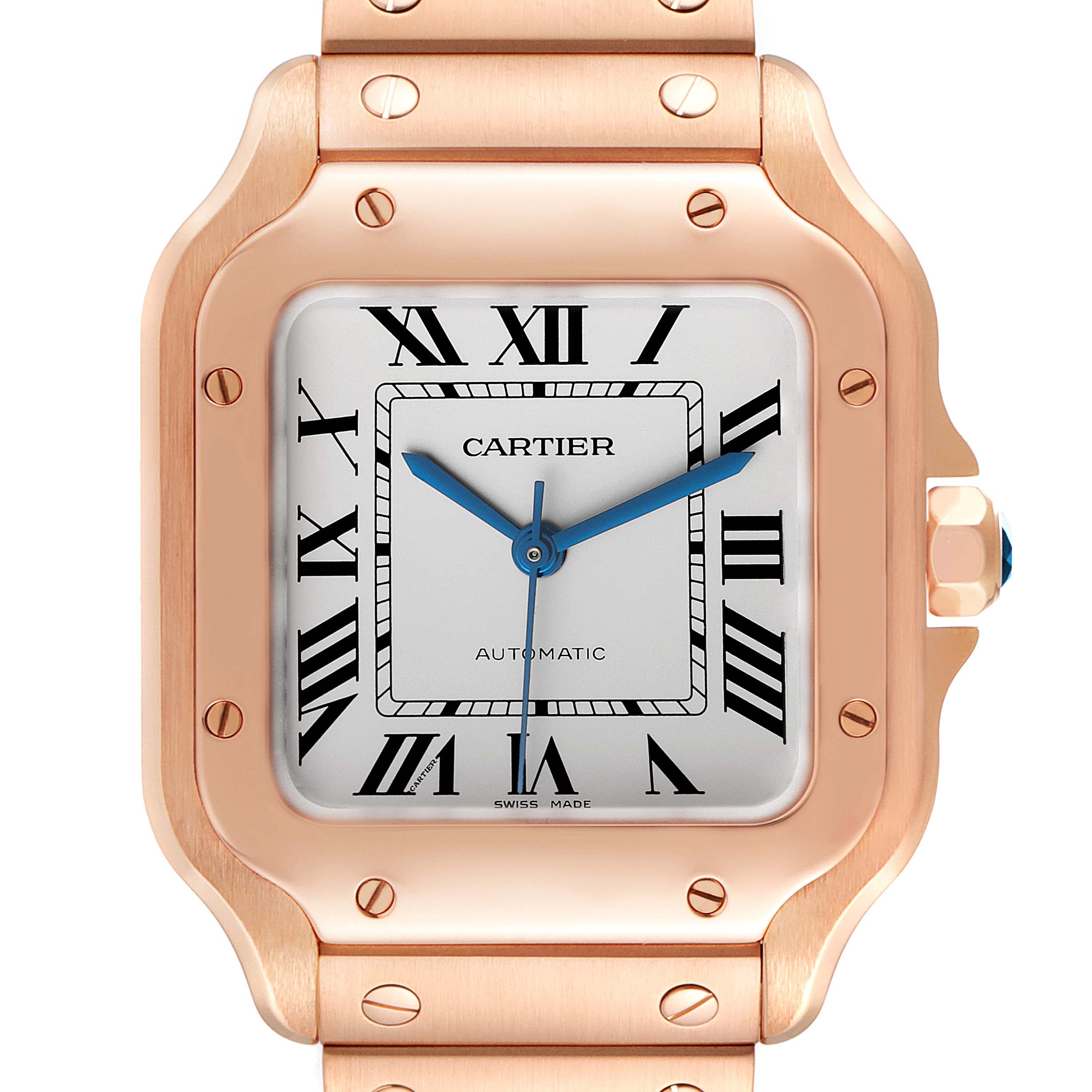 This image shows a close-up of the Cartier Santos WGSA0008 Men's Rose Gold Silver Dial WGSA0008 Men's Rose Gold Silver Dial watch face, featuring a square dial, roman numerals, and a rose gold case.