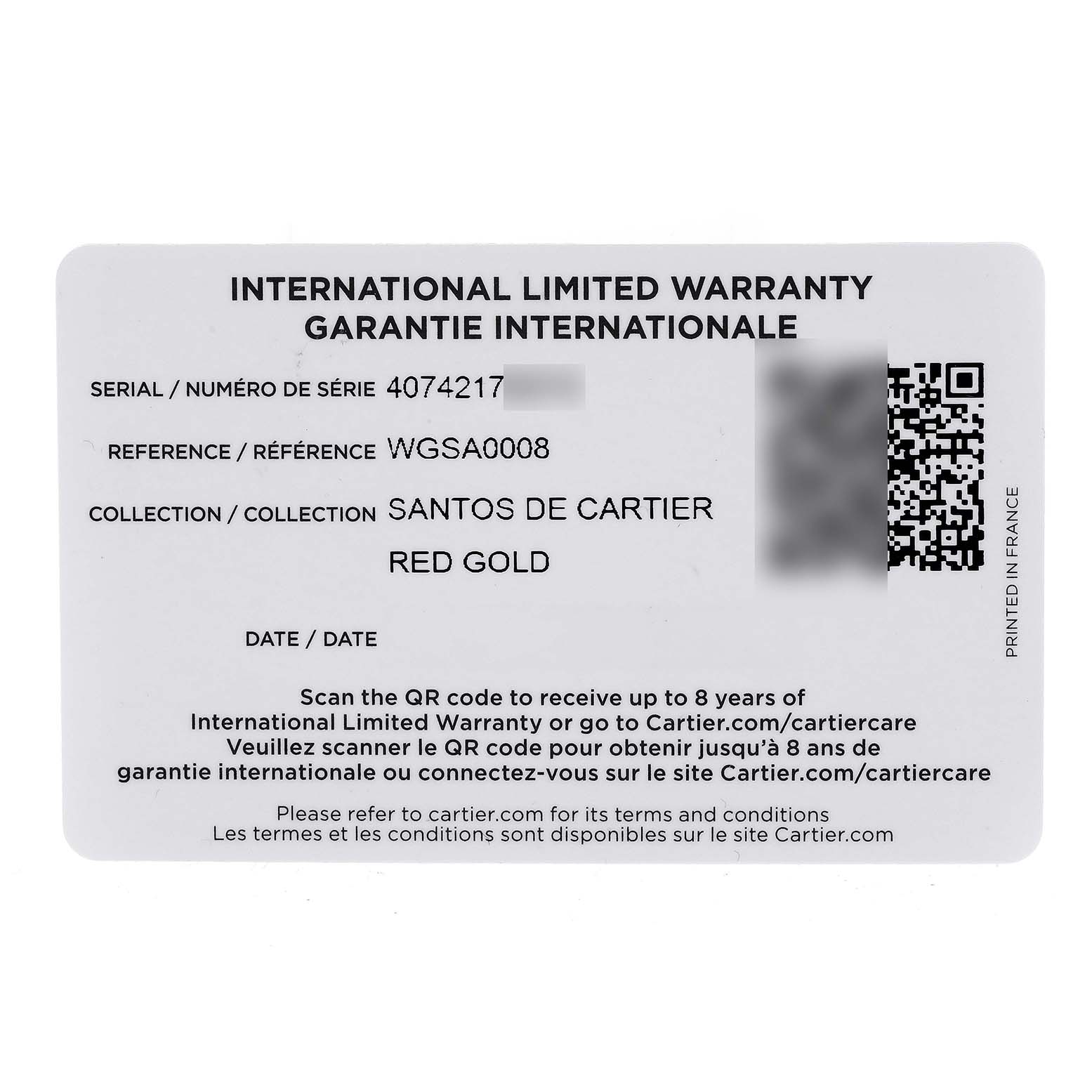 This is an image of the international limited warranty card for the Santos de Cartier watch model.
