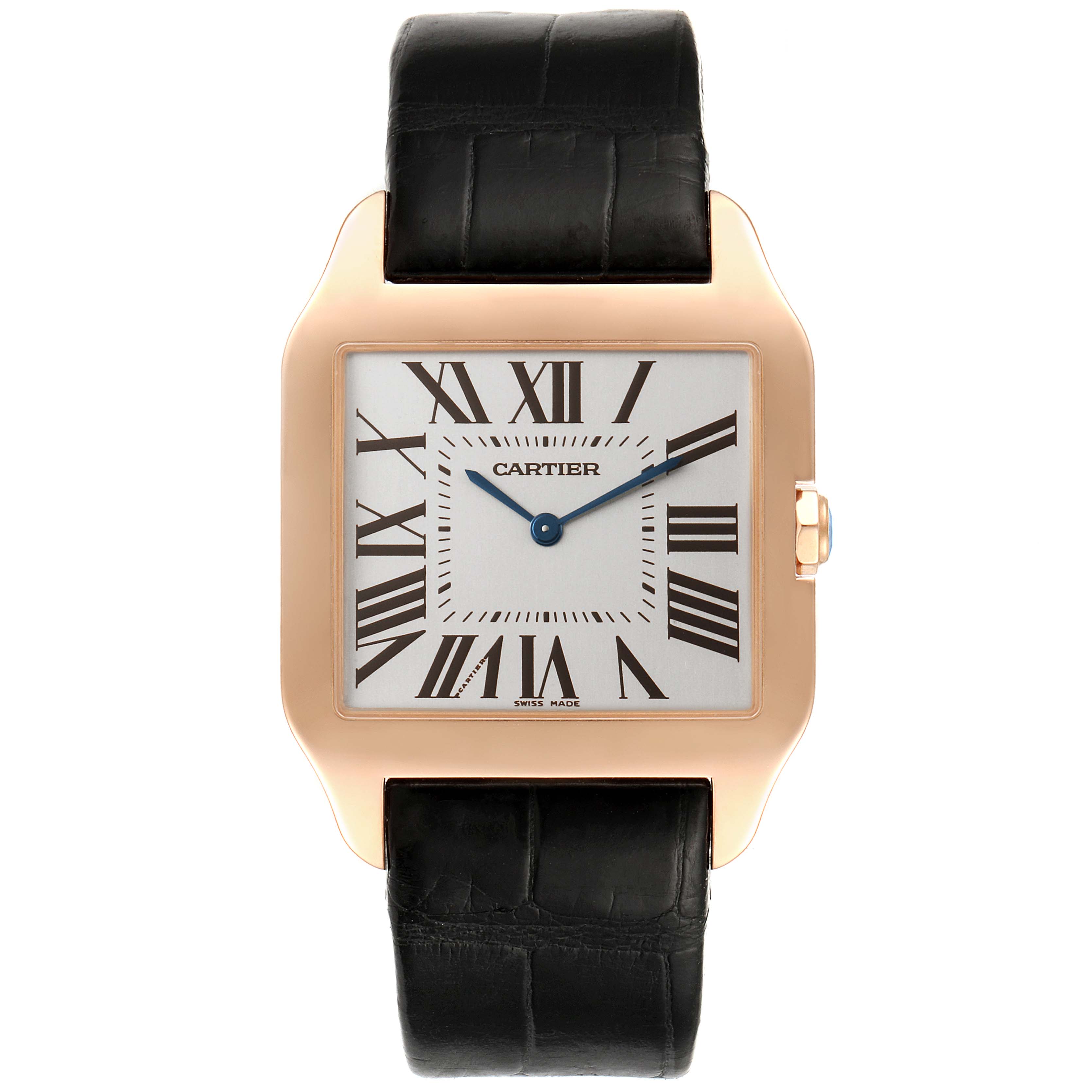 This image shows a front view of the Cartier Santos Dumont W2006951 Men's Rose Gold Silver Dial W2006951 Men's Rose Gold Silver Dial watch, highlighting its face, Roman numerals, and black leather strap.