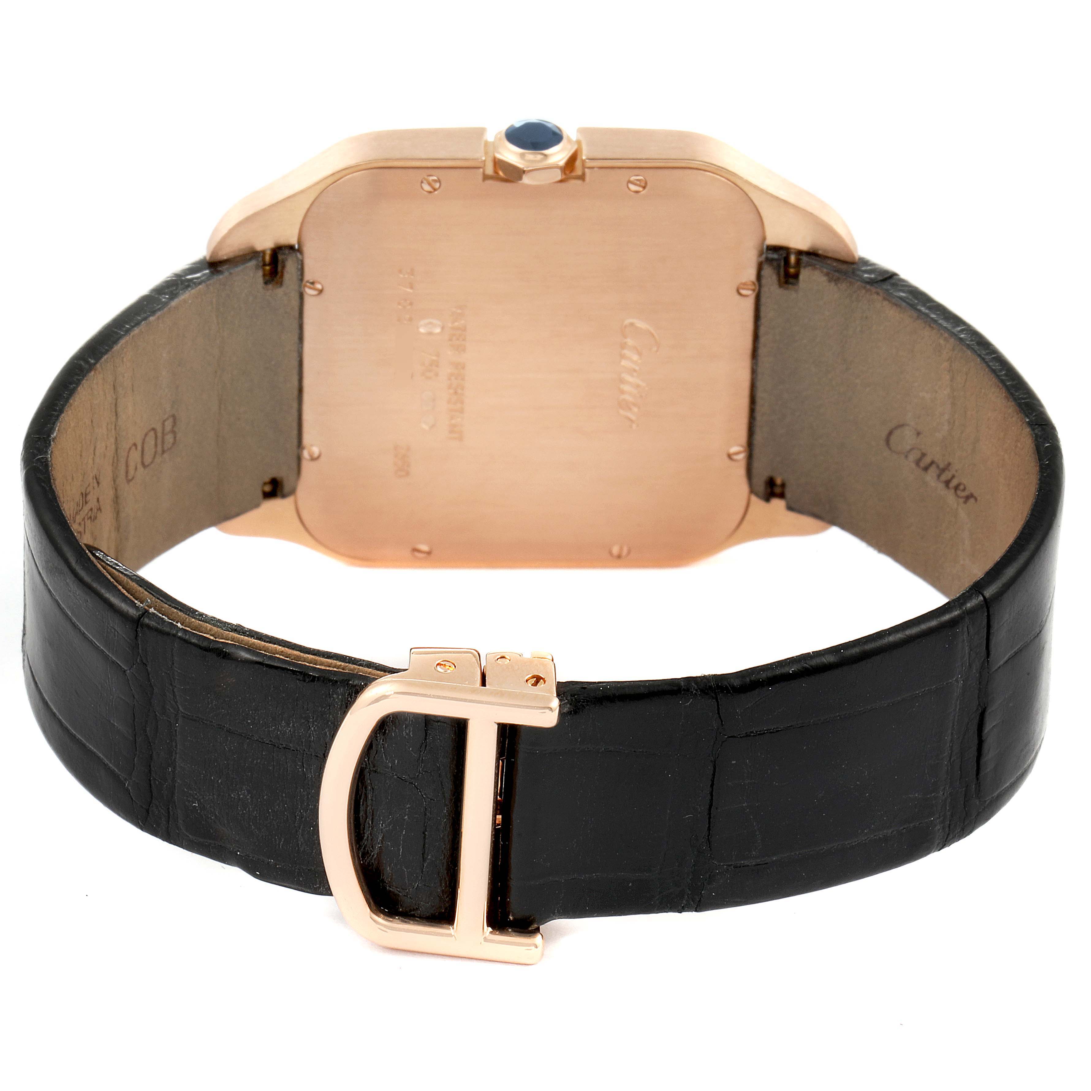 The image showcases the back of a Santos Dumont model by Cartier, highlighting its leather strap and rose gold clasp.