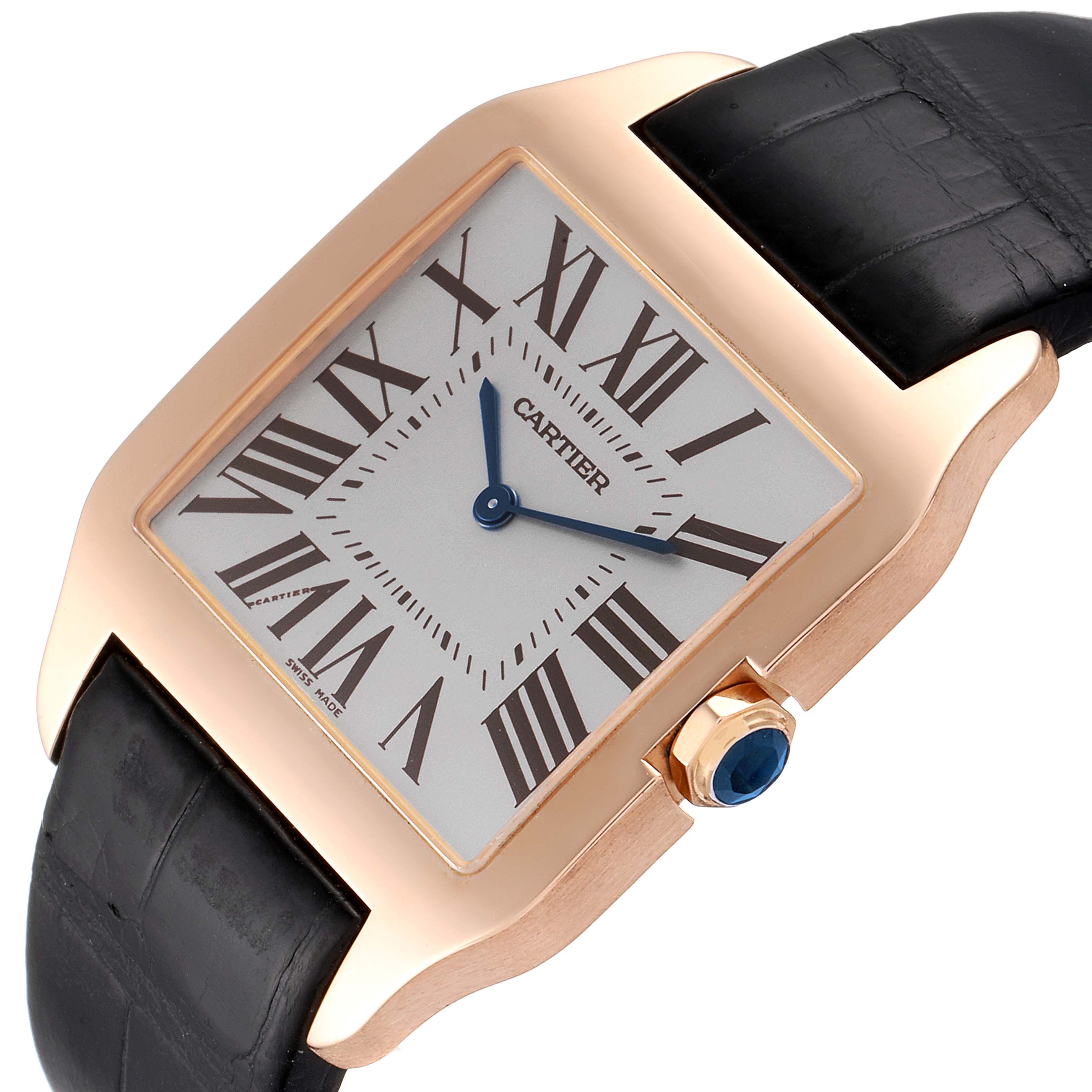 This image shows the Cartier Santos Dumont W2006951 Men's Rose Gold Silver Dial W2006951 Men's Rose Gold Silver Dial watch from an angled top view, highlighting its face and part of the strap.