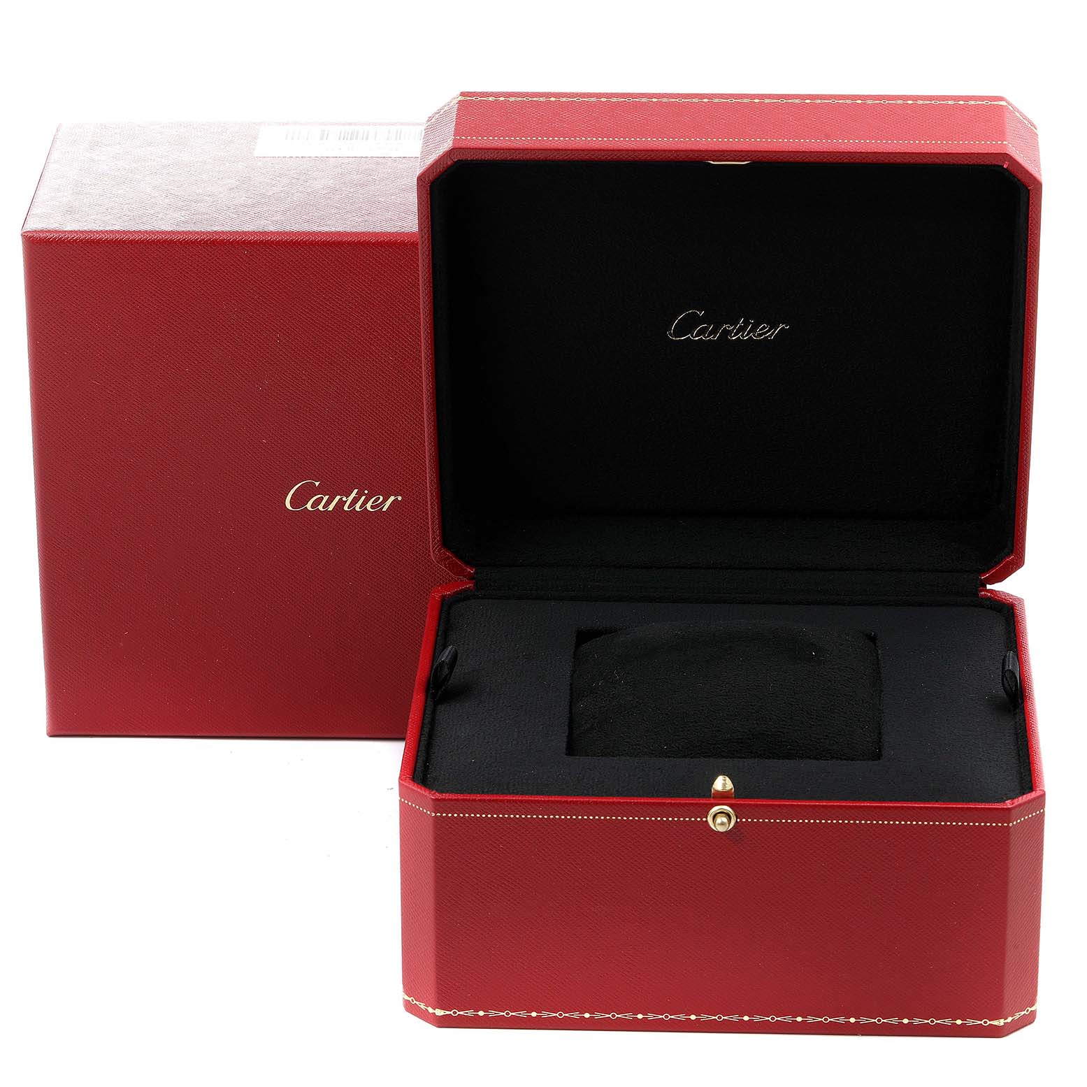 This image shows an open red watch box for the Santos Dumont model by Cartier, displaying its interior.