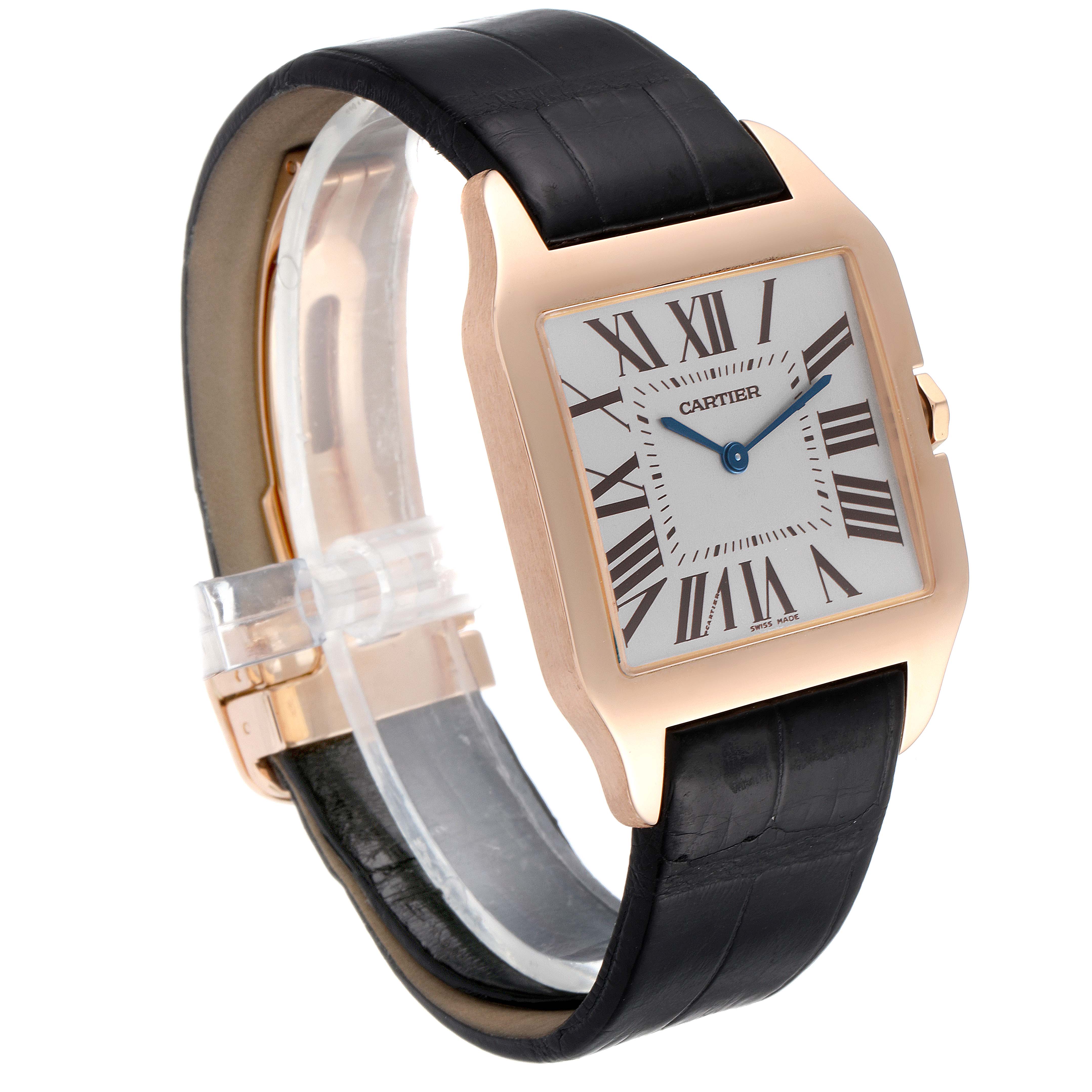 This image shows a Cartier Santos Dumont W2006951 Men's Rose Gold Silver Dial W2006951 Men's Rose Gold Silver Dial watch at an angle highlighting its face, strap, and side profile.