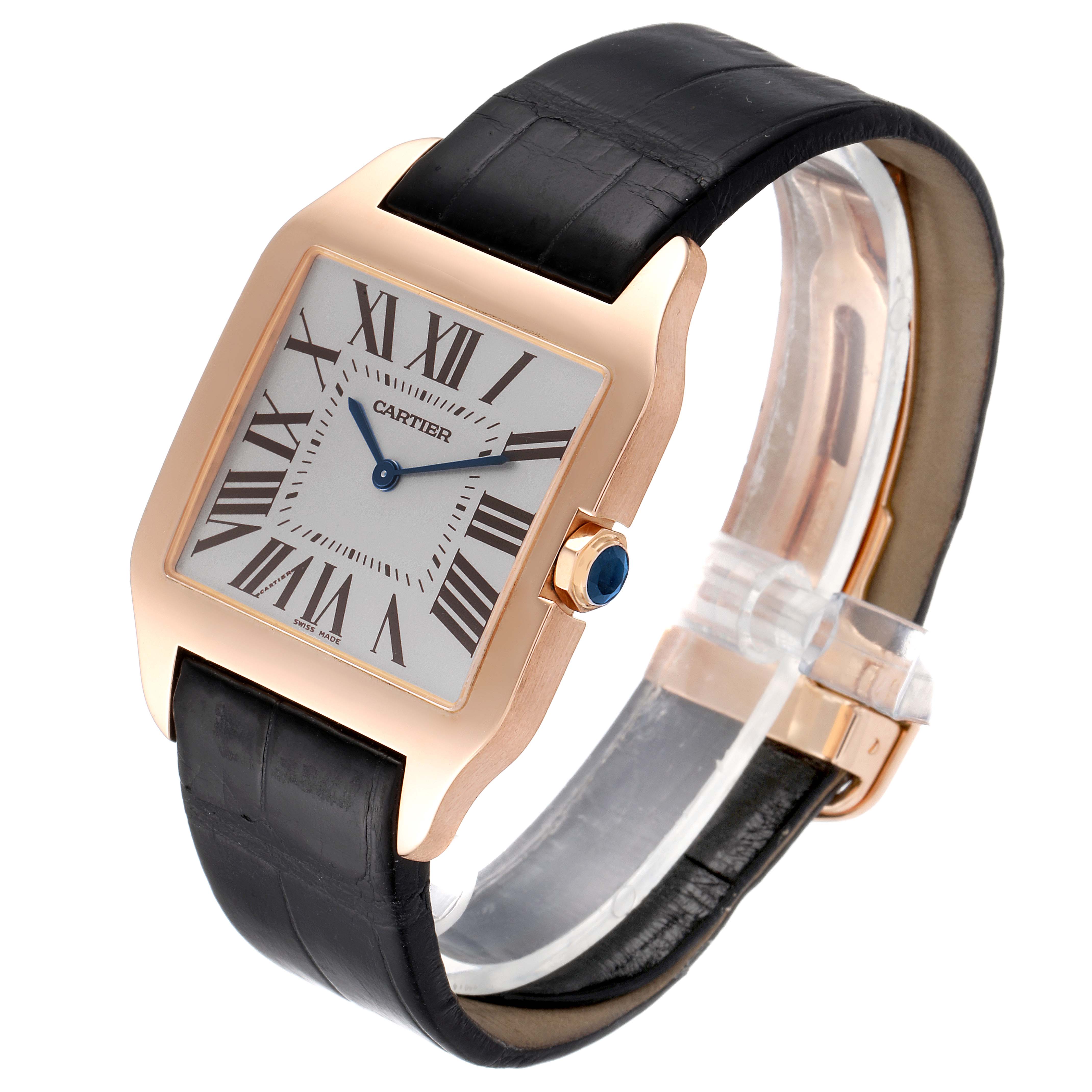 This image shows a Cartier Santos Dumont W2006951 Men's Rose Gold Silver Dial W2006951 Men's Rose Gold Silver Dial watch with a square face, roman numerals, and a black leather strap viewed from the front and side.