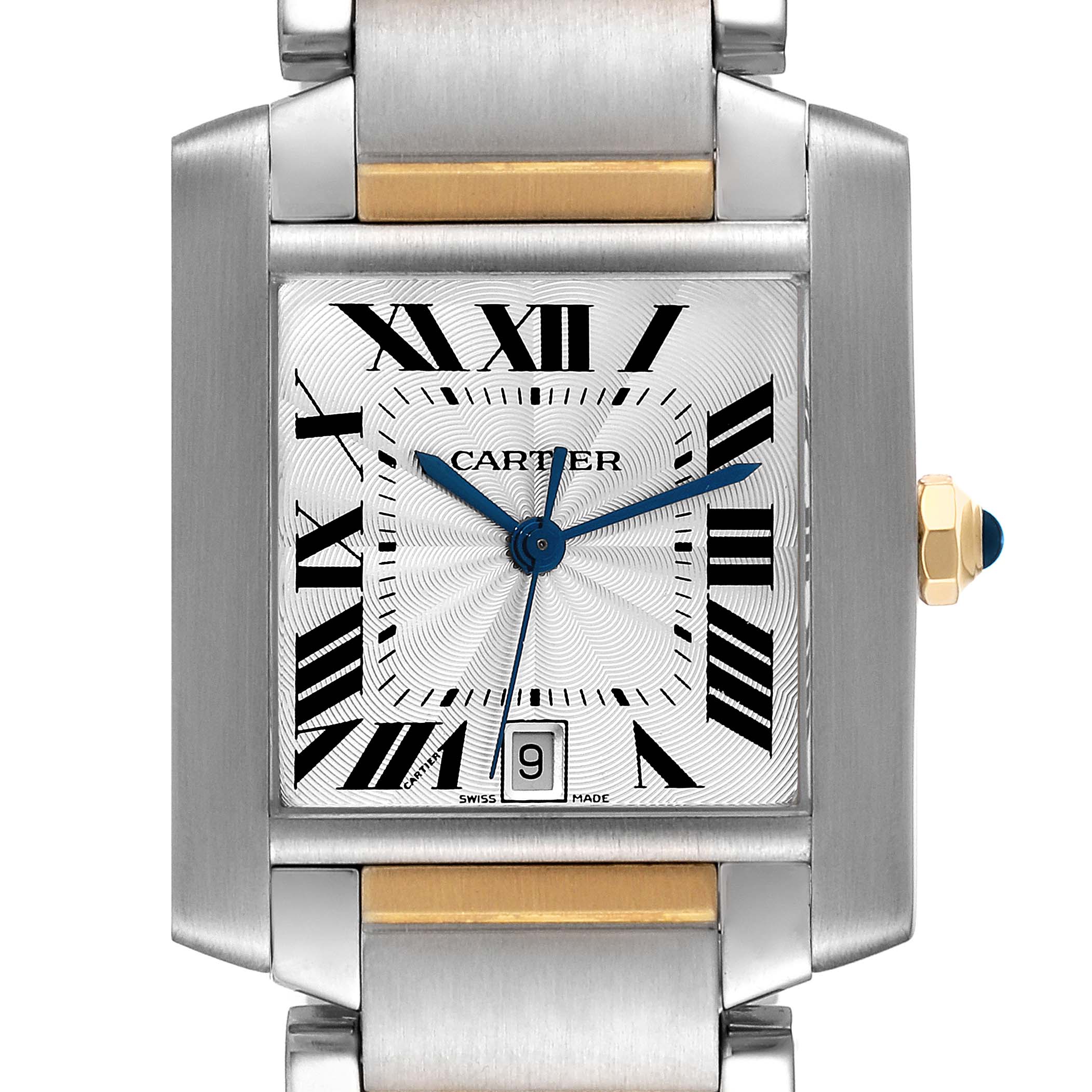 This image shows a front view of the Cartier Tank Française watch, highlighting its dial, hands, and part of the strap.