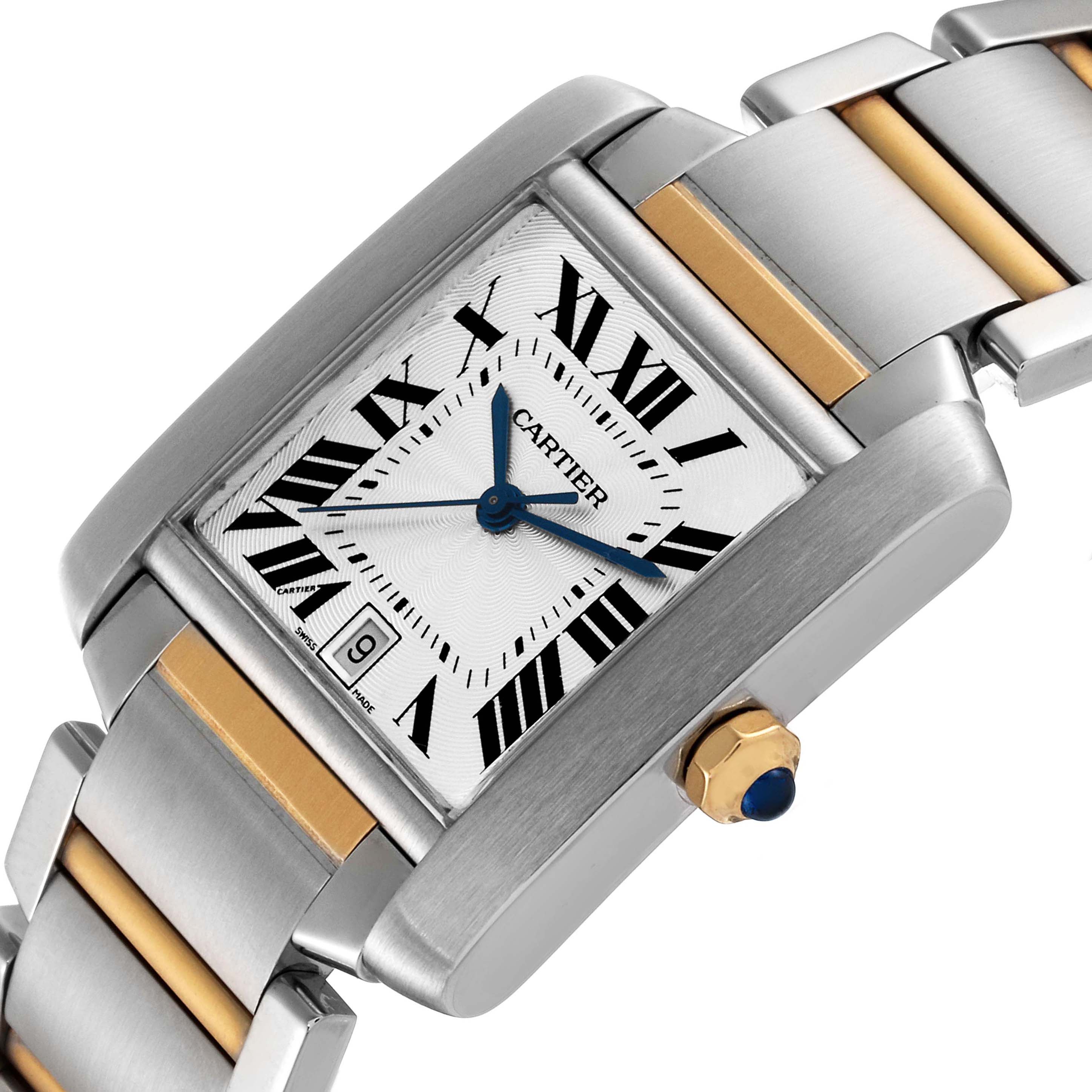 The image shows a close-up angle of the Cartier Tank Francaise W51005Q4 Men's Steel and Gold (two tone) Silver Dial W51005Q4 Men's Steel and Gold (two tone) Silver Dial watch, highlighting the dial, crown, and part of the bracelet.