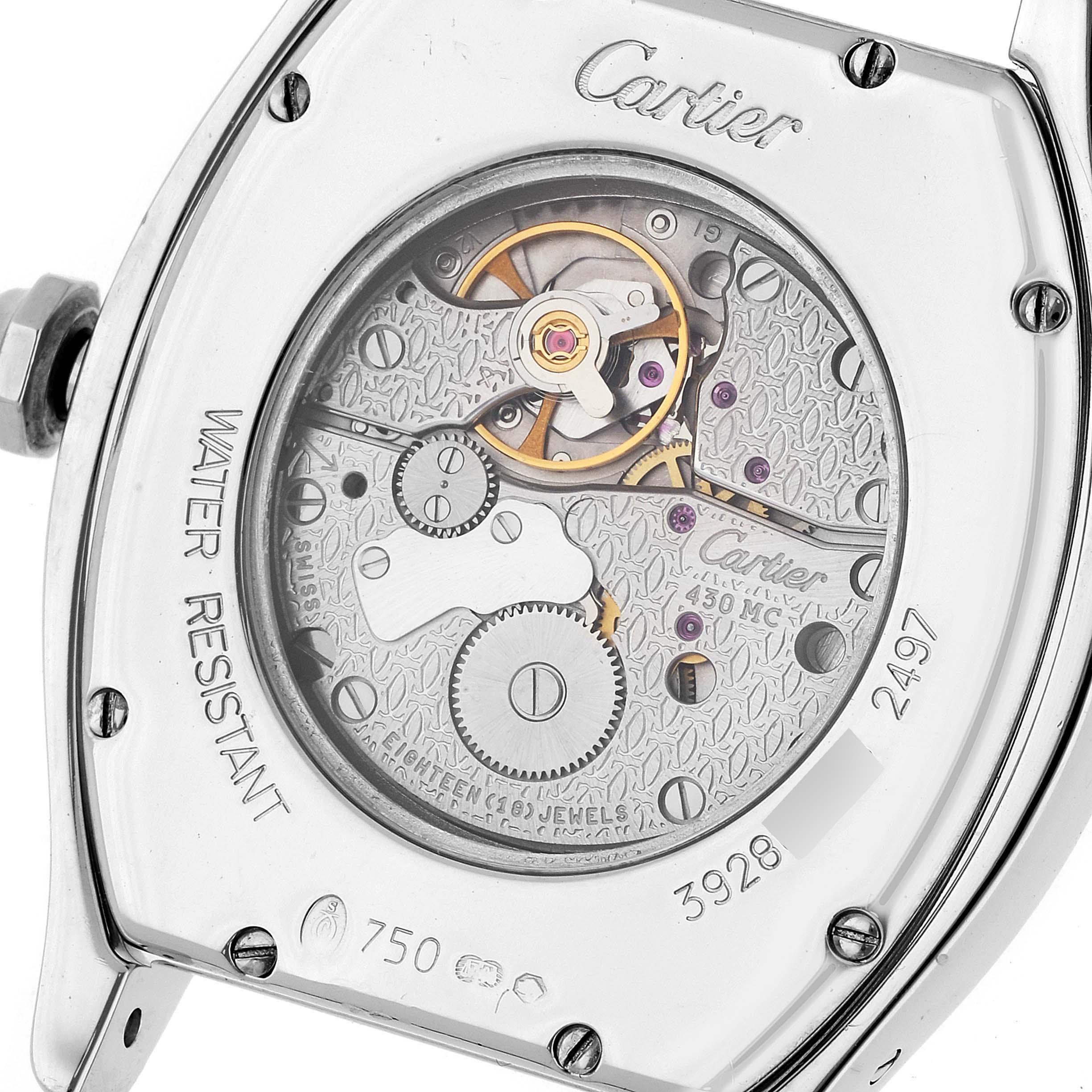 This image shows the rear view of the Cartier Tortue WA504351 Men's White Gold Silver Dial WA504351 Men's White Gold Silver Dial model watch, highlighting its intricate movement and internal mechanisms.