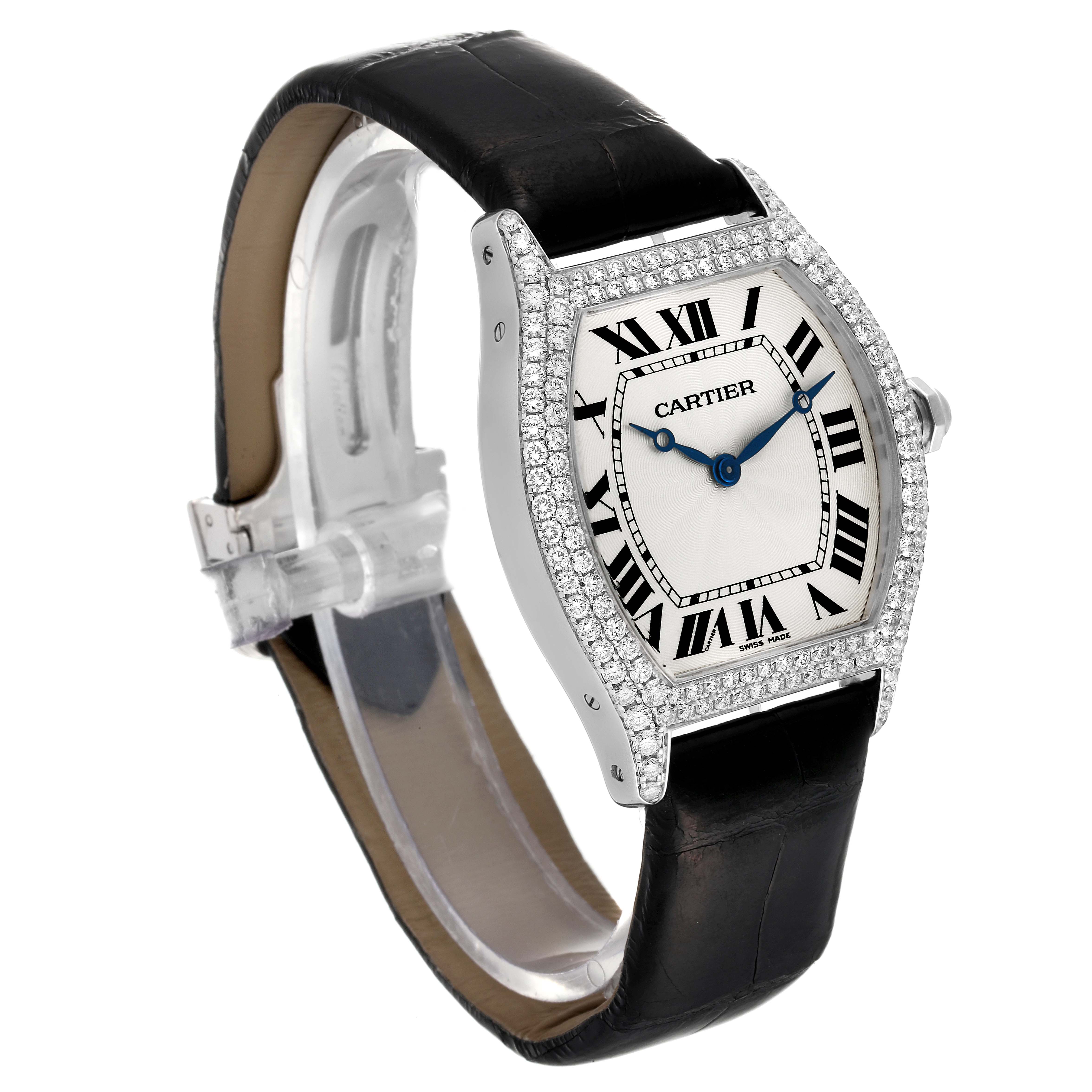 The image shows a Cartier Tortue WA504351 Men's White Gold Silver Dial WA504351 Men's White Gold Silver Dial watch at a three-quarter angle, highlighting the face, bezel, and strap.