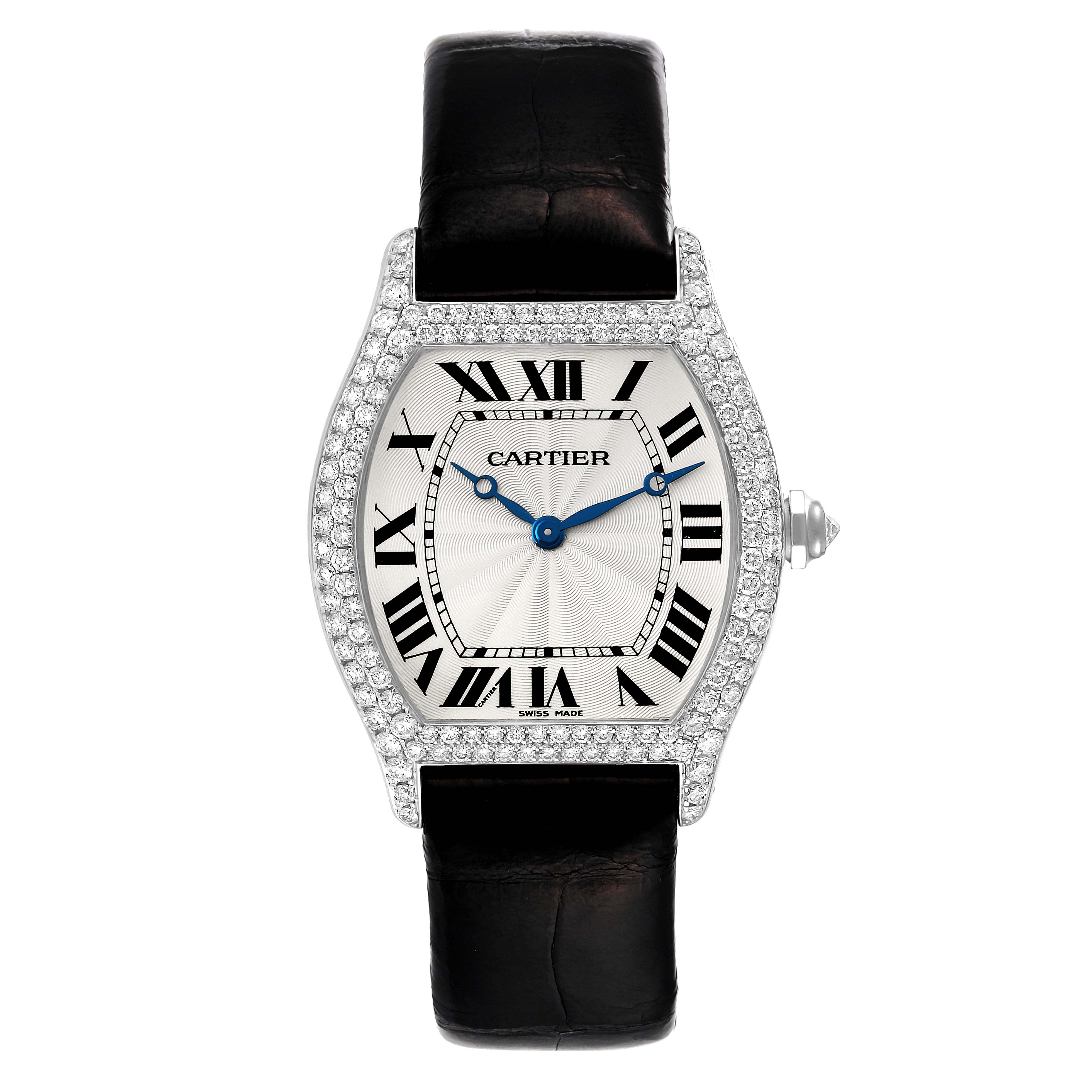 The image shows a front view of the Cartier Tortue WA504351 Men's White Gold Silver Dial WA504351 Men's White Gold Silver Dial watch, highlighting its face, bezel, and strap.