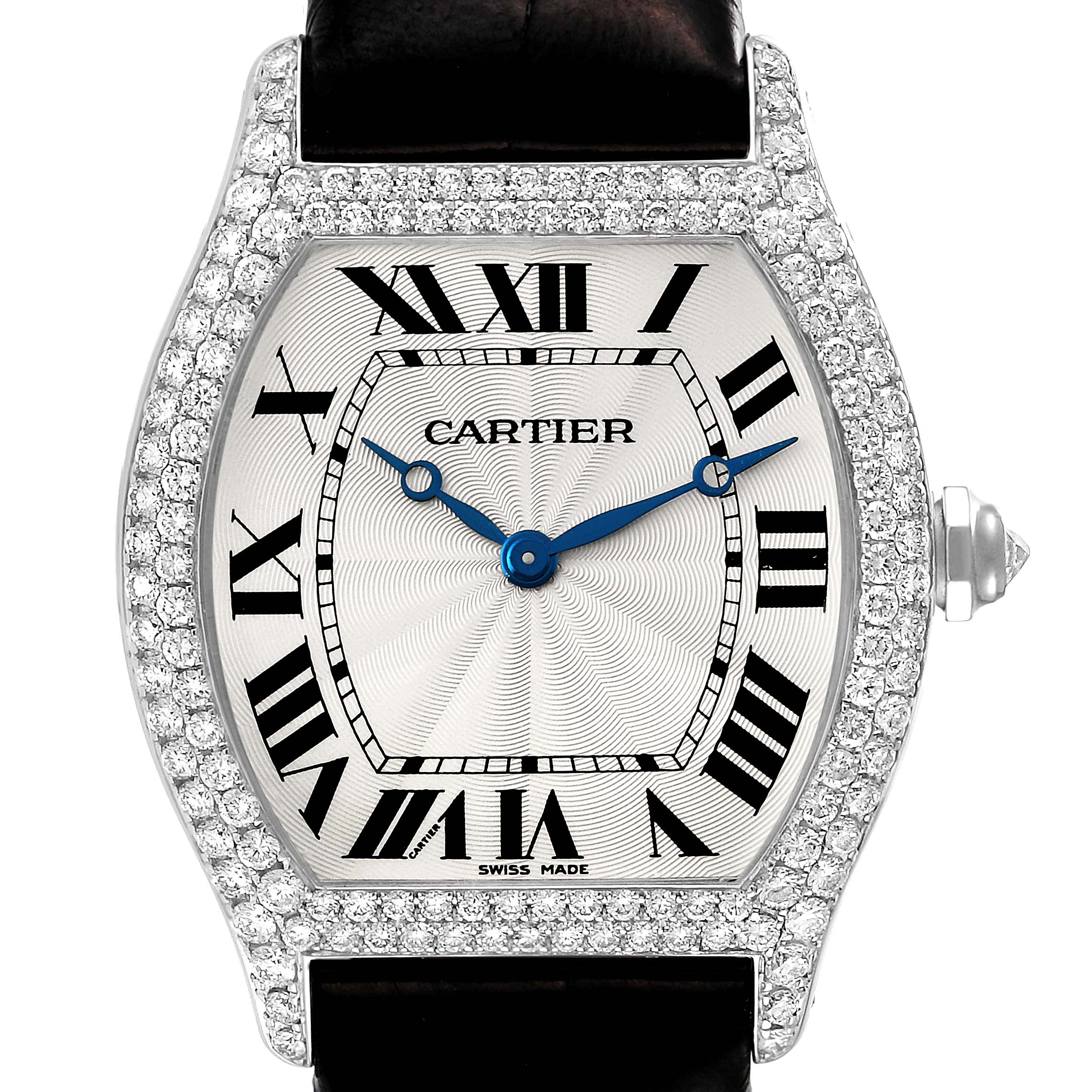 This image shows a front view of the Cartier Tortue WA504351 Men's White Gold Silver Dial WA504351 Men's White Gold Silver Dial watch face and part of the strap.