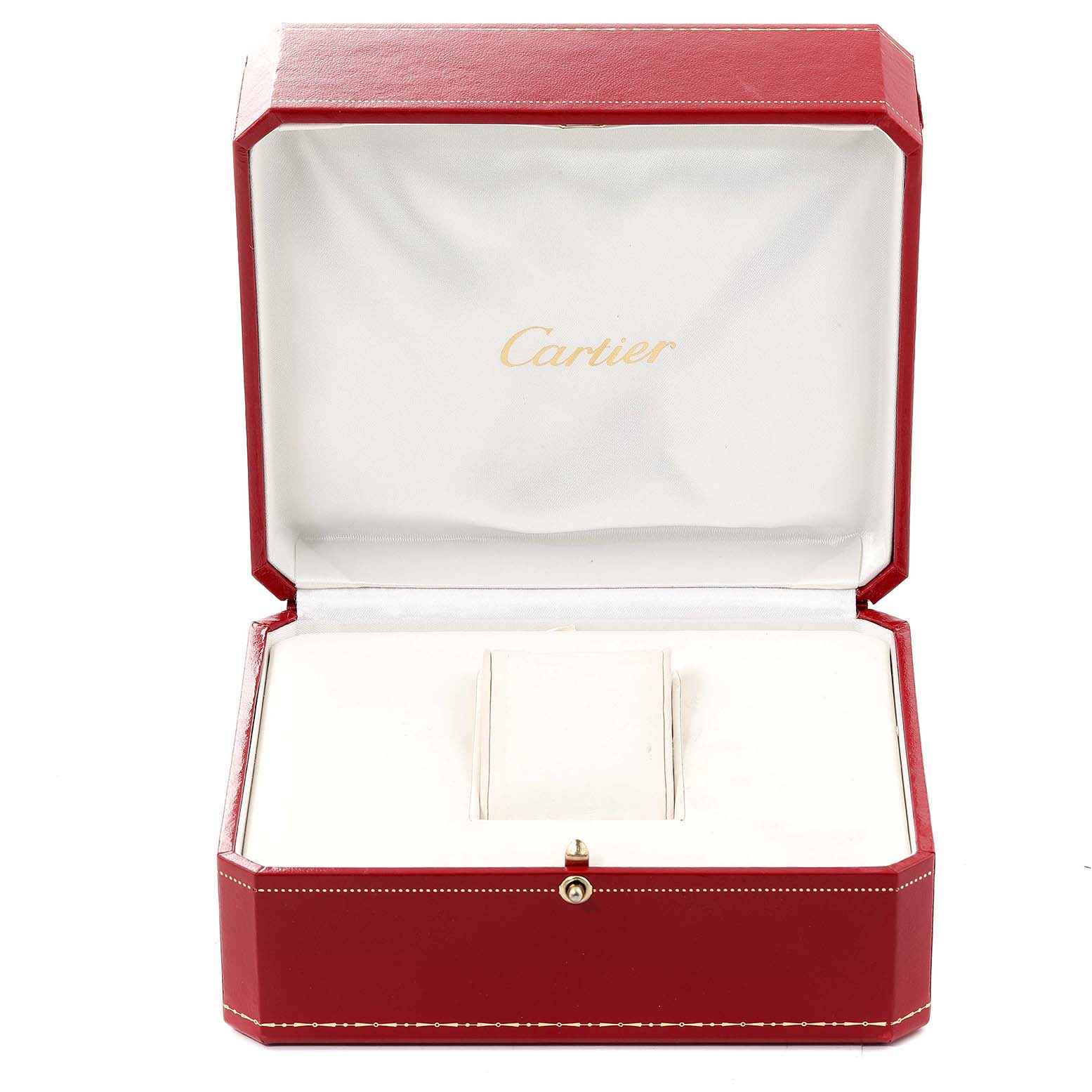 The image shows an open red Cartier box for the Tortue watch model, displaying the interior and watch holder.