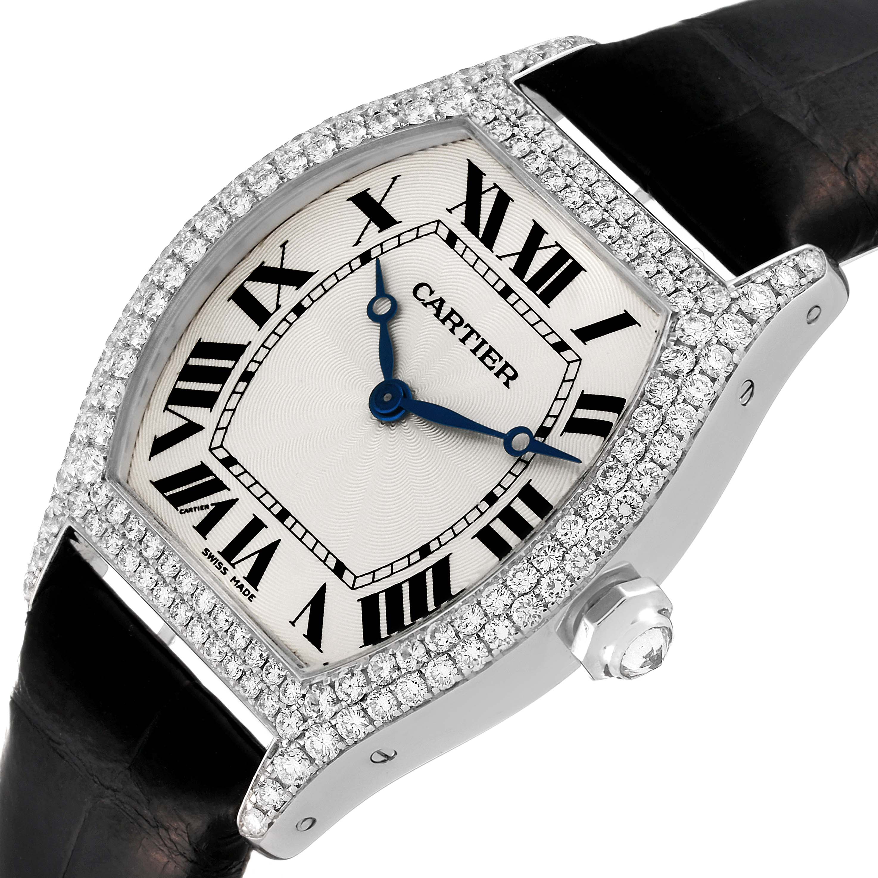 The image shows a Cartier Tortue WA504351 Men's White Gold Silver Dial WA504351 Men's White Gold Silver Dial watch at an angle, highlighting its diamond-encrusted case, Roman numeral dial, and black leather strap.