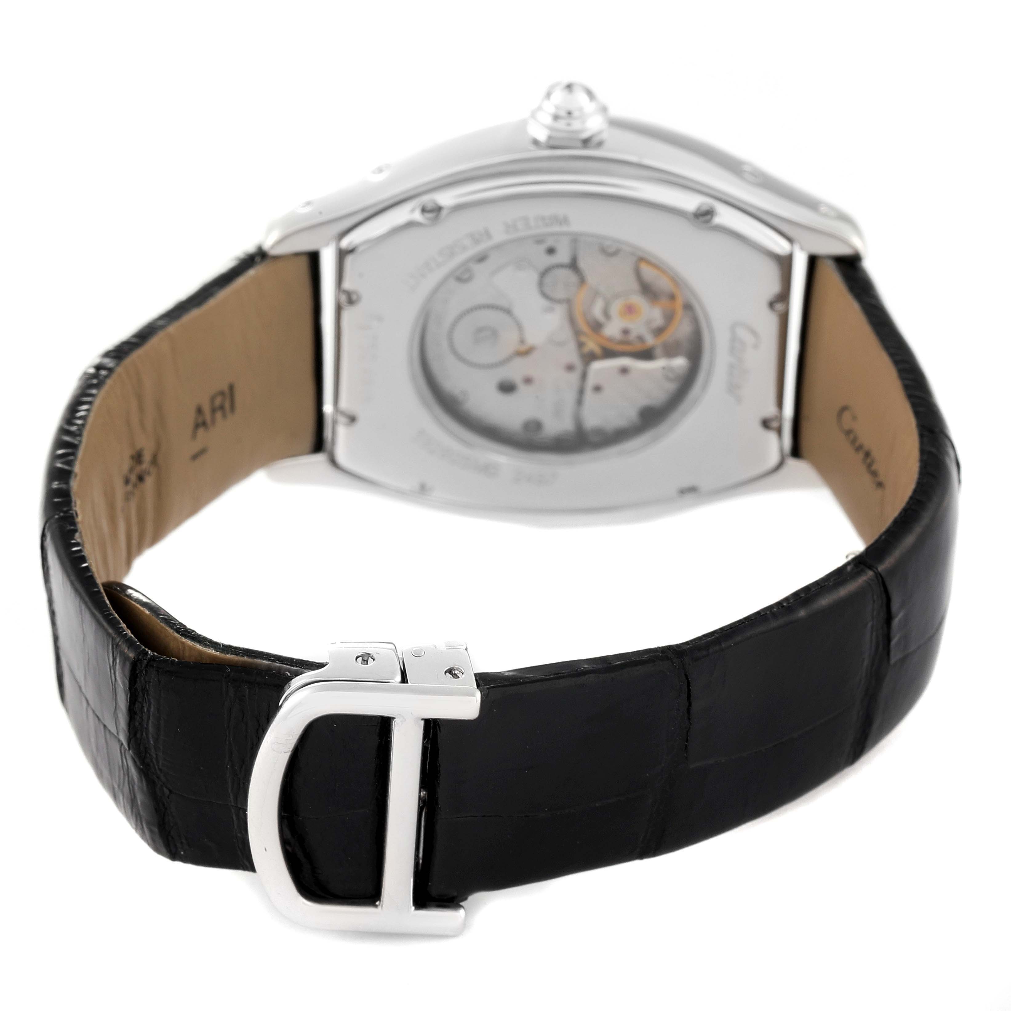 The image shows the back view of a Cartier Tortue WA504351 Men's White Gold Silver Dial WA504351 Men's White Gold Silver Dial watch, highlighting the movement and black leather strap with a silver buckle.