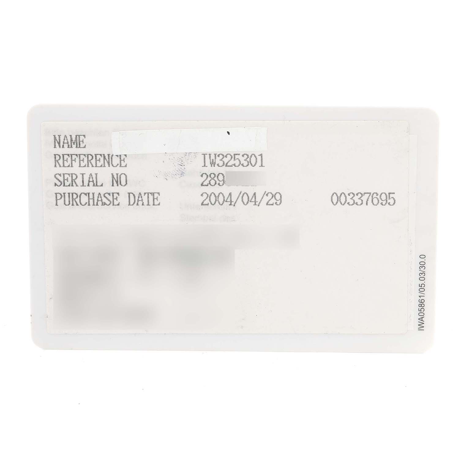 This image shows a warranty card for the IWC Pilot IW325301 Men's Stainless Steel Black Dial IW325301 Men's Stainless Steel Black Dial model watch, indicating model, serial number, and purchase date.