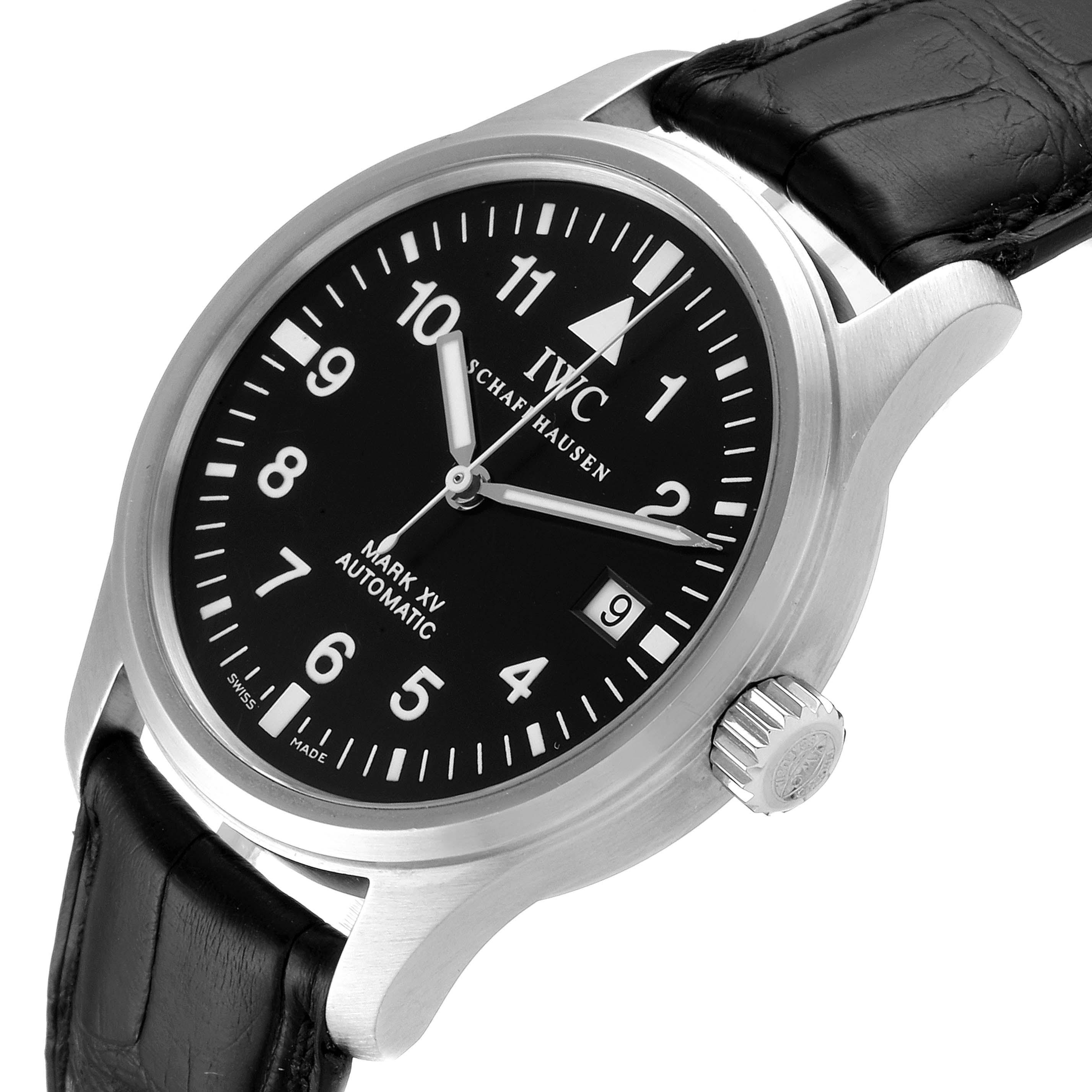 The IWC Pilot IW325301 Men's Stainless Steel Black Dial IW325301 Men's Stainless Steel Black Dial Mark XV watch is shown at a slight angle, displaying the face, crown, and part of the leather strap.
