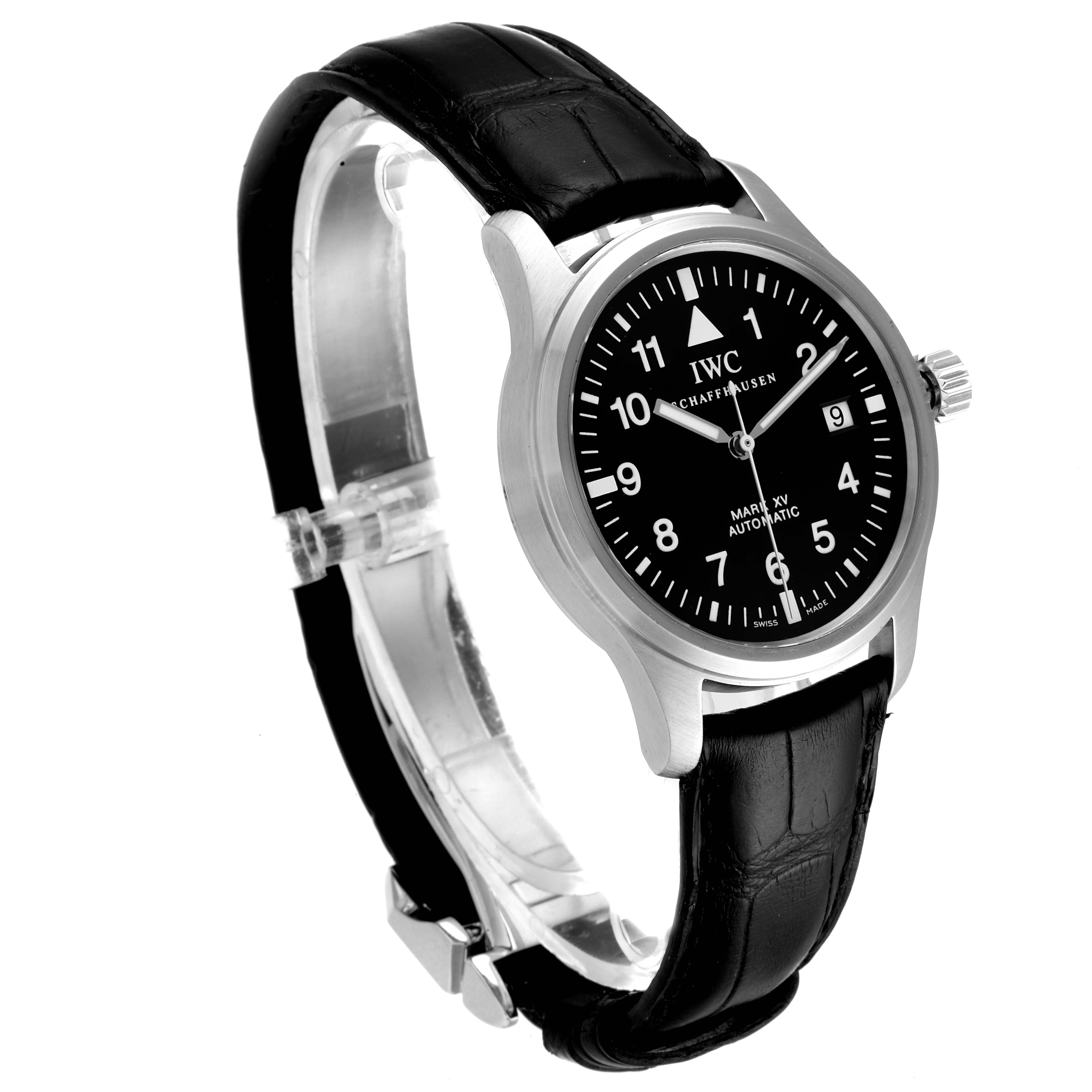 The image shows an angled view of an IWC Pilot IW325301 Men's Stainless Steel Black Dial IW325301 Men's Stainless Steel Black Dial model watch, displaying its face, crown, and black leather band.