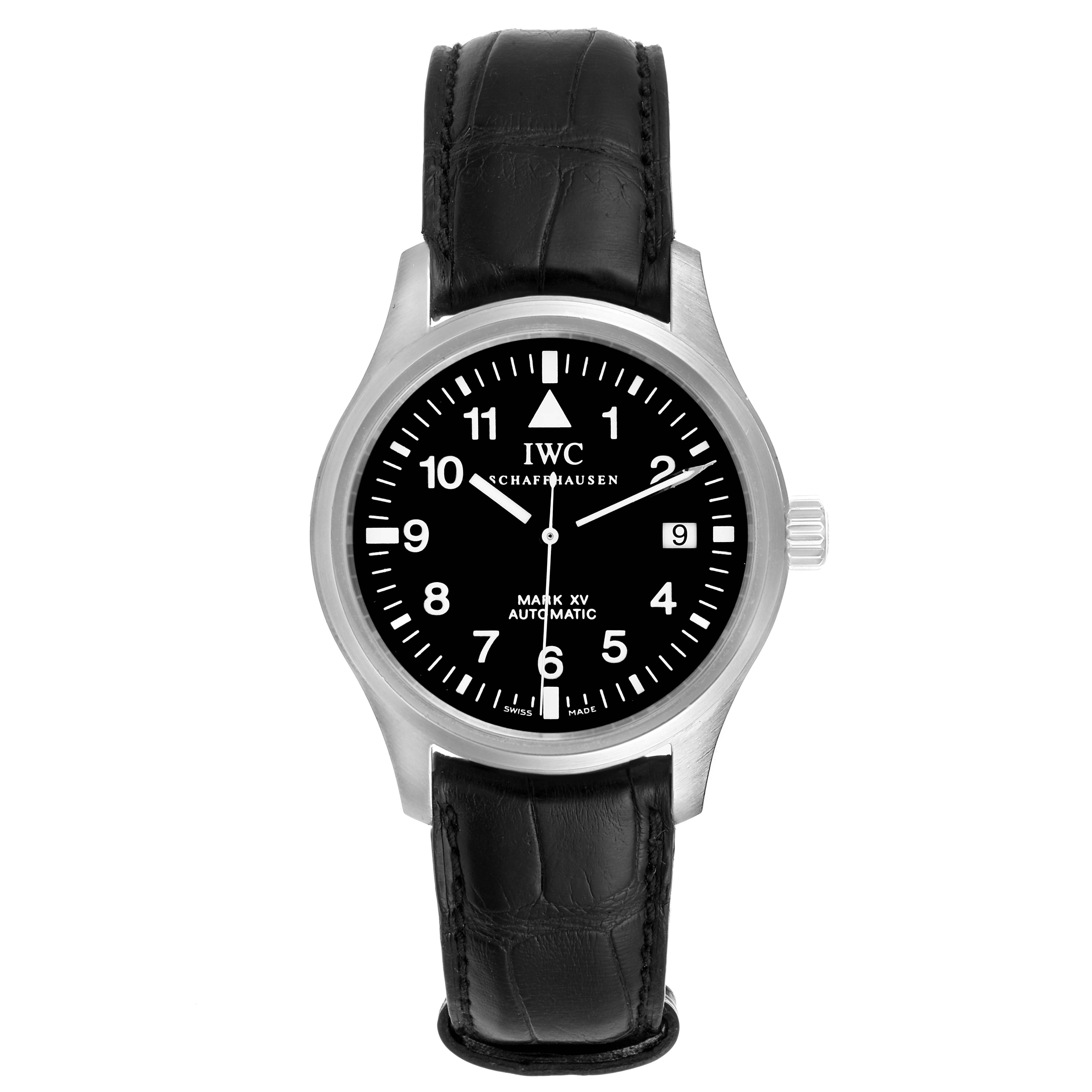 This is a front view of the IWC Pilot IW325301 Men's Stainless Steel Black Dial IW325301 Men's Stainless Steel Black Dial Mark XV Automatic watch showing the face, crown, and leather strap.