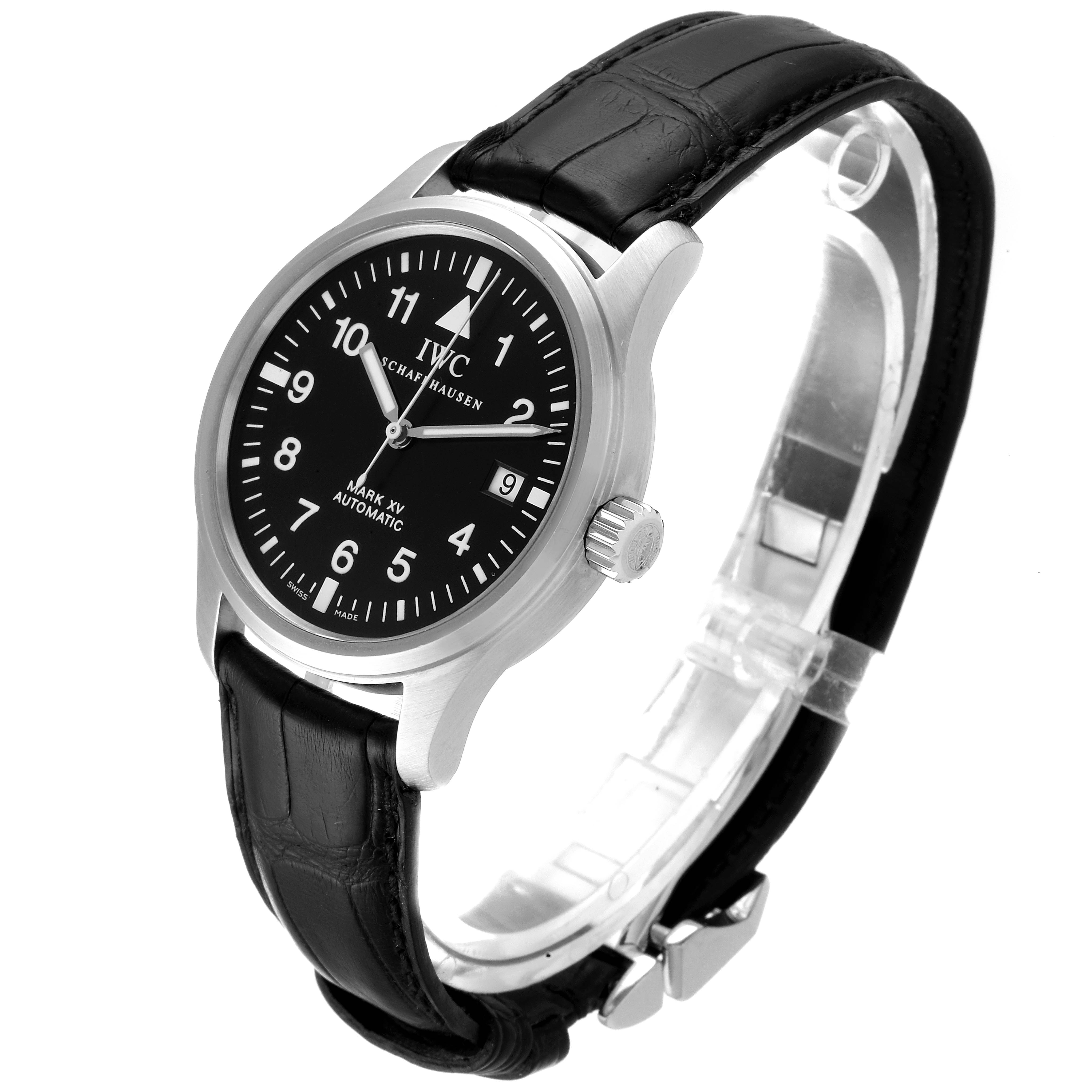 The image shows an IWC Pilot IW325301 Men's Stainless Steel Black Dial IW325301 Men's Stainless Steel Black Dial Mark XV Automatic watch at a three-quarter angle, highlighting its black dial, silver case, and leather strap.