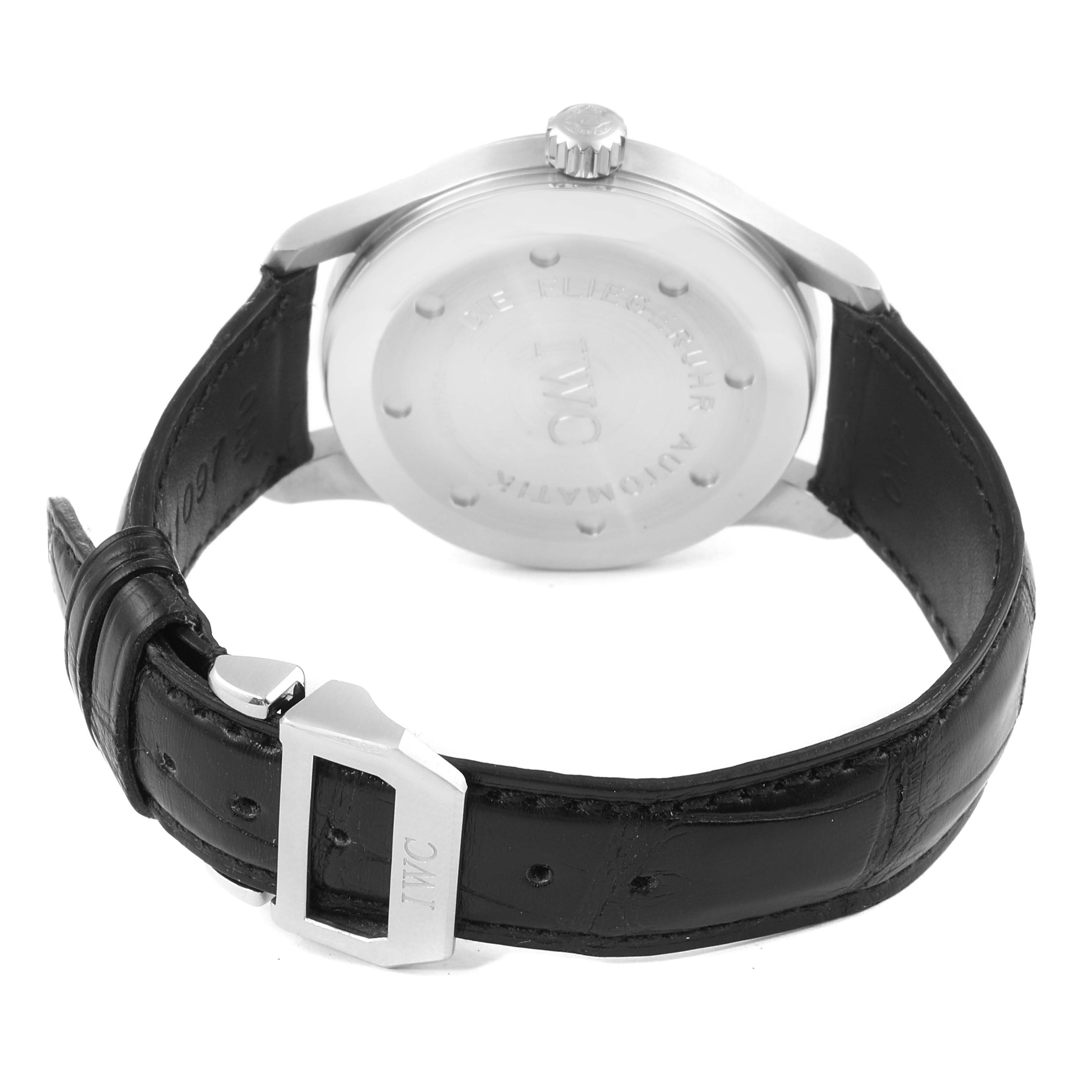 The image shows the back and side view of an IWC Pilot IW325301 Men's Stainless Steel Black Dial IW325301 Men's Stainless Steel Black Dial model watch, highlighting the case back, crown, and leather strap.