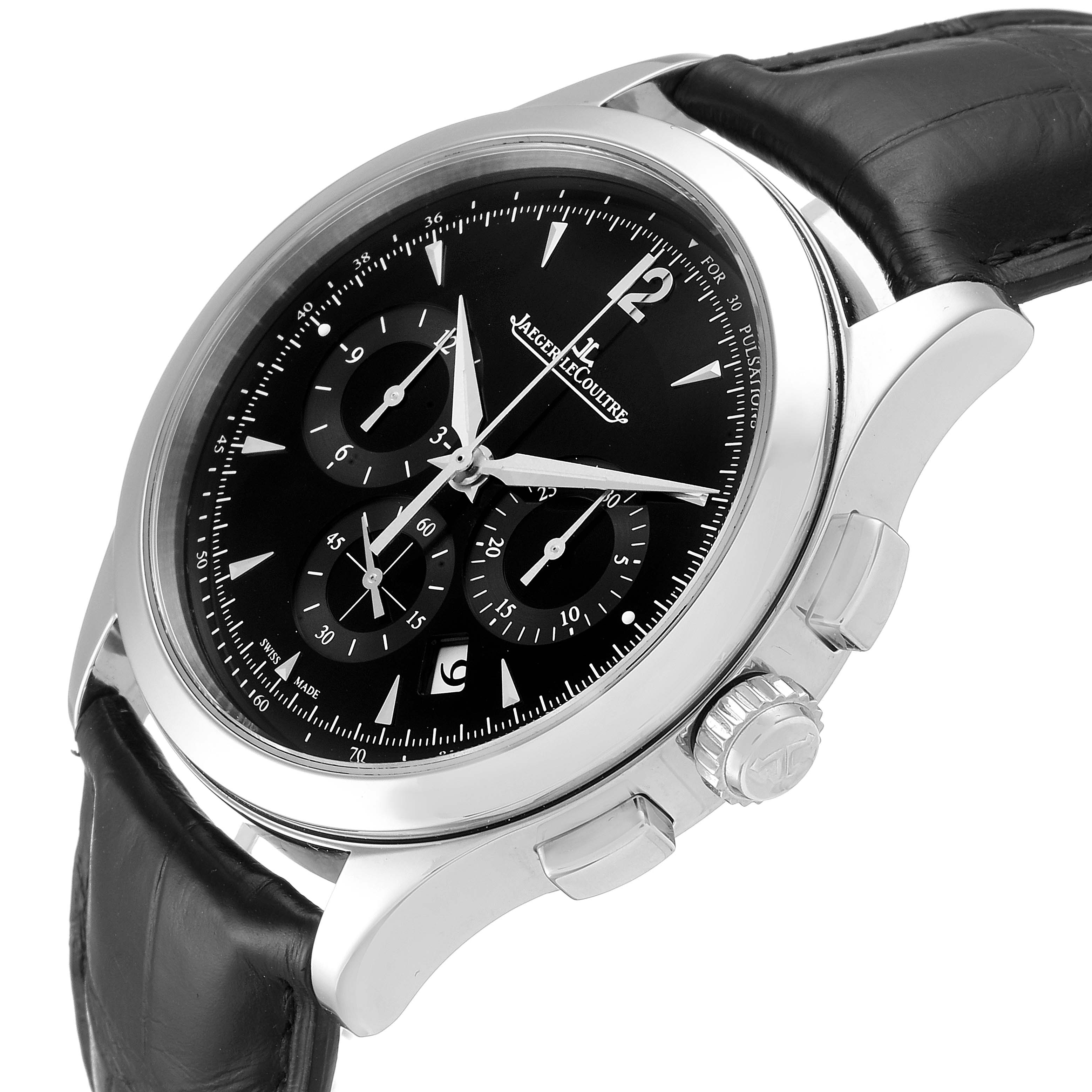 The image shows a side angle of the Jaeger LeCoultre Master Q1538470 Men's Stainless Steel Black Dial Q1538470 Men's Stainless Steel Black Dial watch highlighting the dial, crown, pushers, and leather strap.