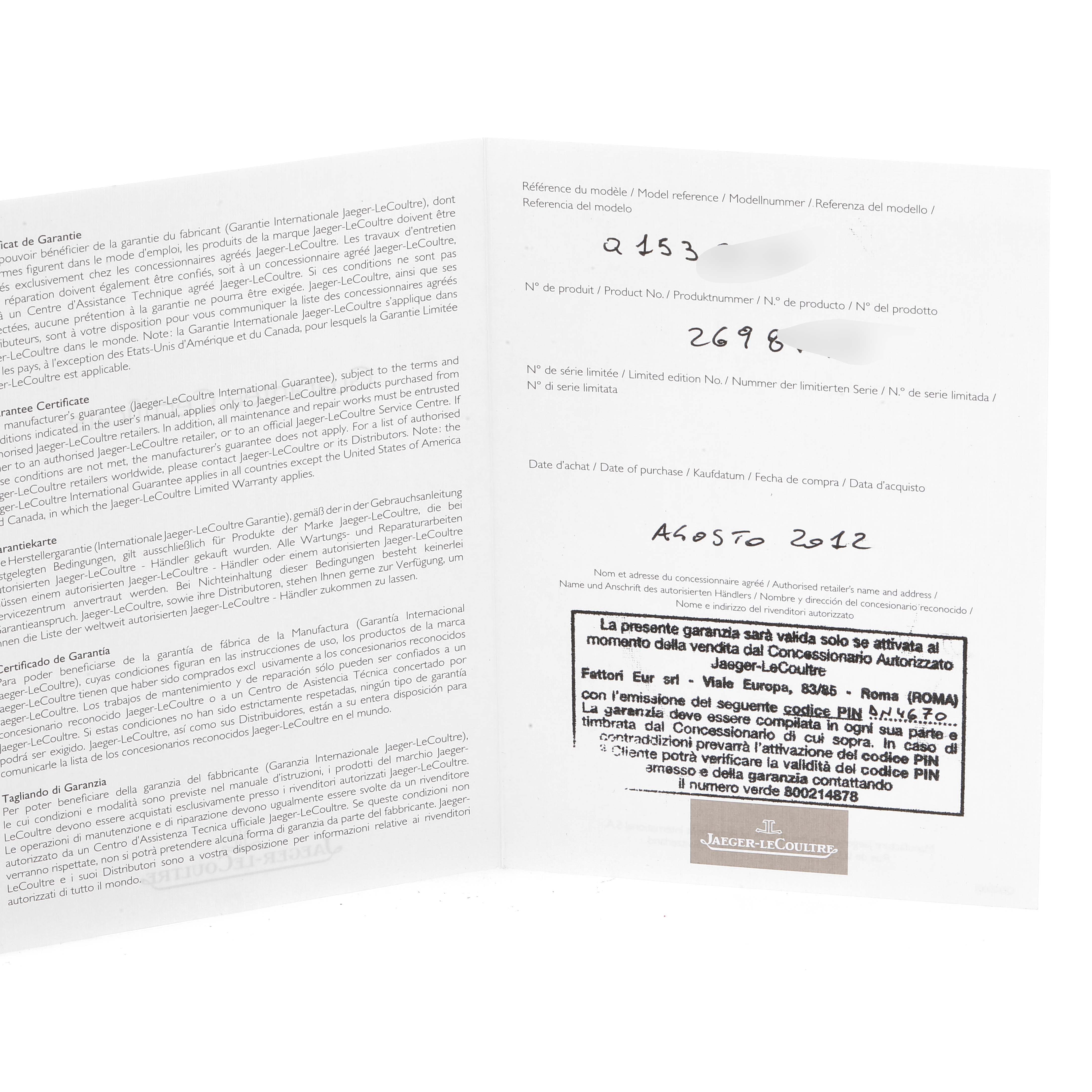 The image shows an open warranty card for the Jaeger LeCoultre Master Q1538470 Men's Stainless Steel Black Dial Q1538470 Men's Stainless Steel Black Dial model watch, featuring purchase details and model information.