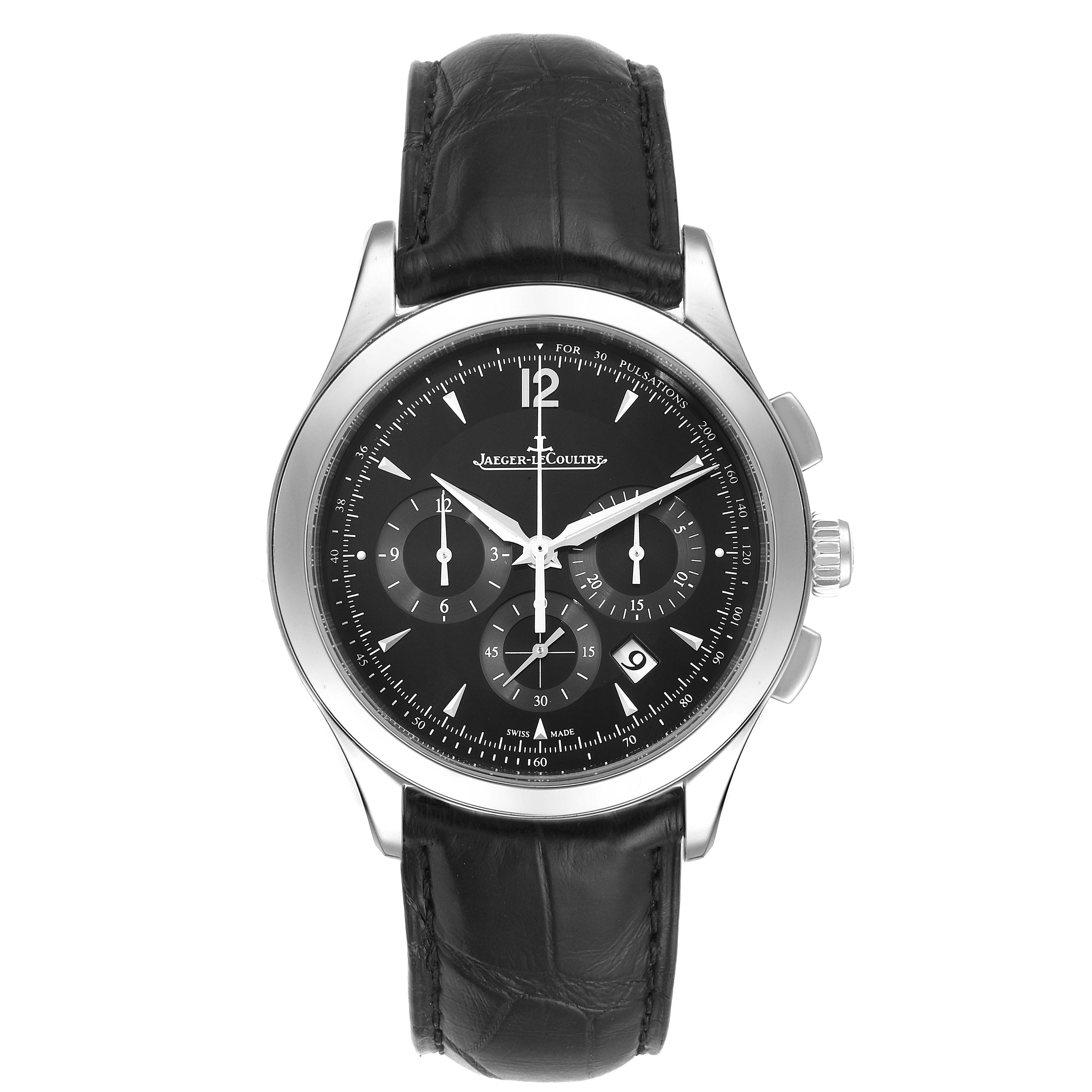 The image shows a front view of the Jaeger LeCoultre Master Q1538470 Men's Stainless Steel Black Dial Q1538470 Men's Stainless Steel Black Dial model watch, displaying its black dial, sub-dials, and leather strap.