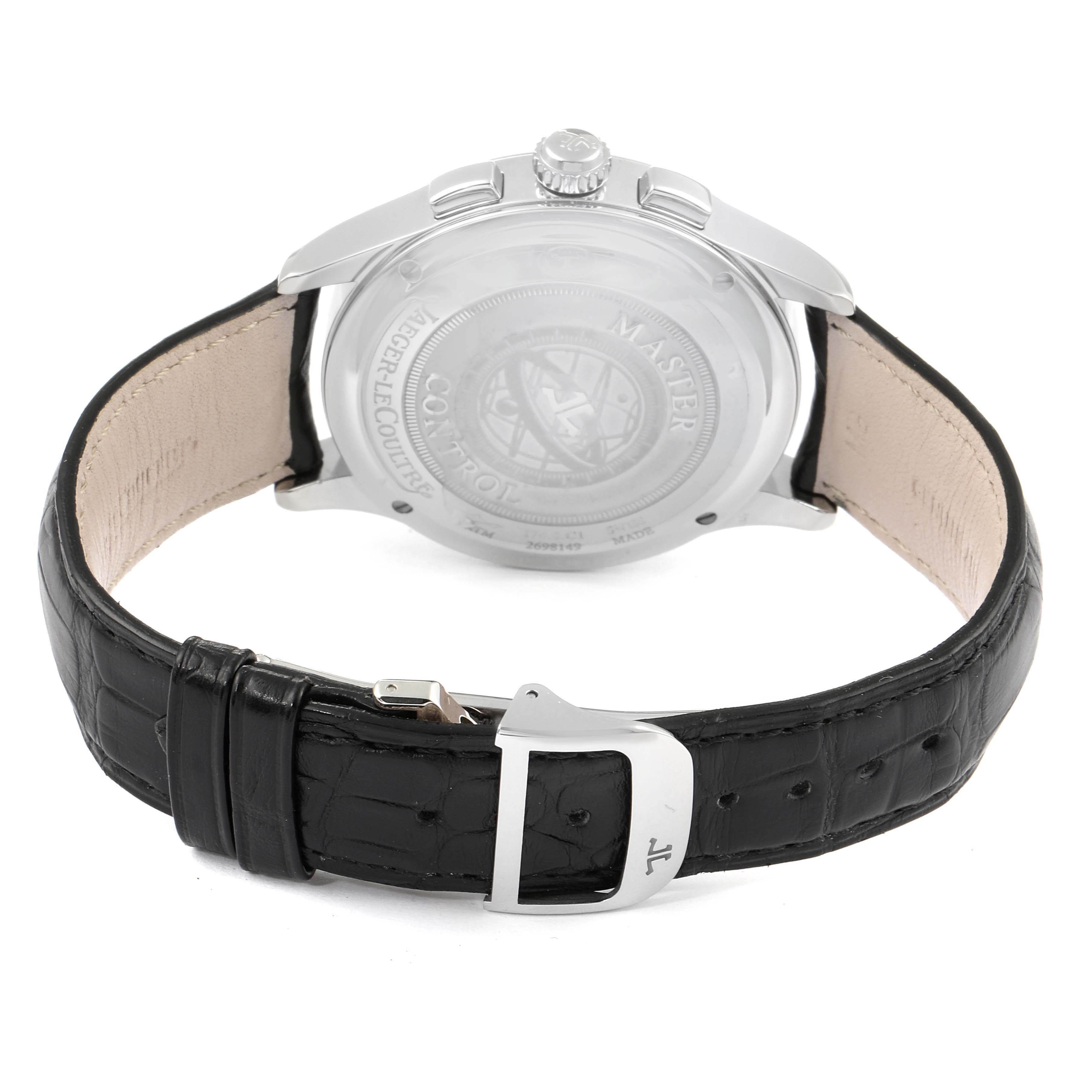 The image shows the back view of a Jaeger LeCoultre Master Q1538470 Men's Stainless Steel Black Dial Q1538470 Men's Stainless Steel Black Dial model watch, highlighting the strap and buckle.