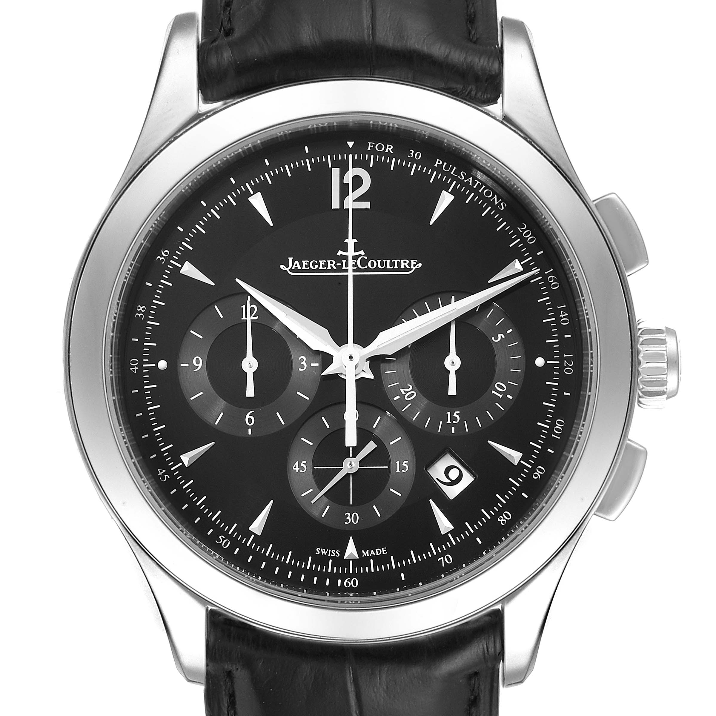 This image shows a front view of the Jaeger LeCoultre Master Q1538470 Men's Stainless Steel Black Dial Q1538470 Men's Stainless Steel Black Dial model watch, highlighting its dial, subdials, and crown.