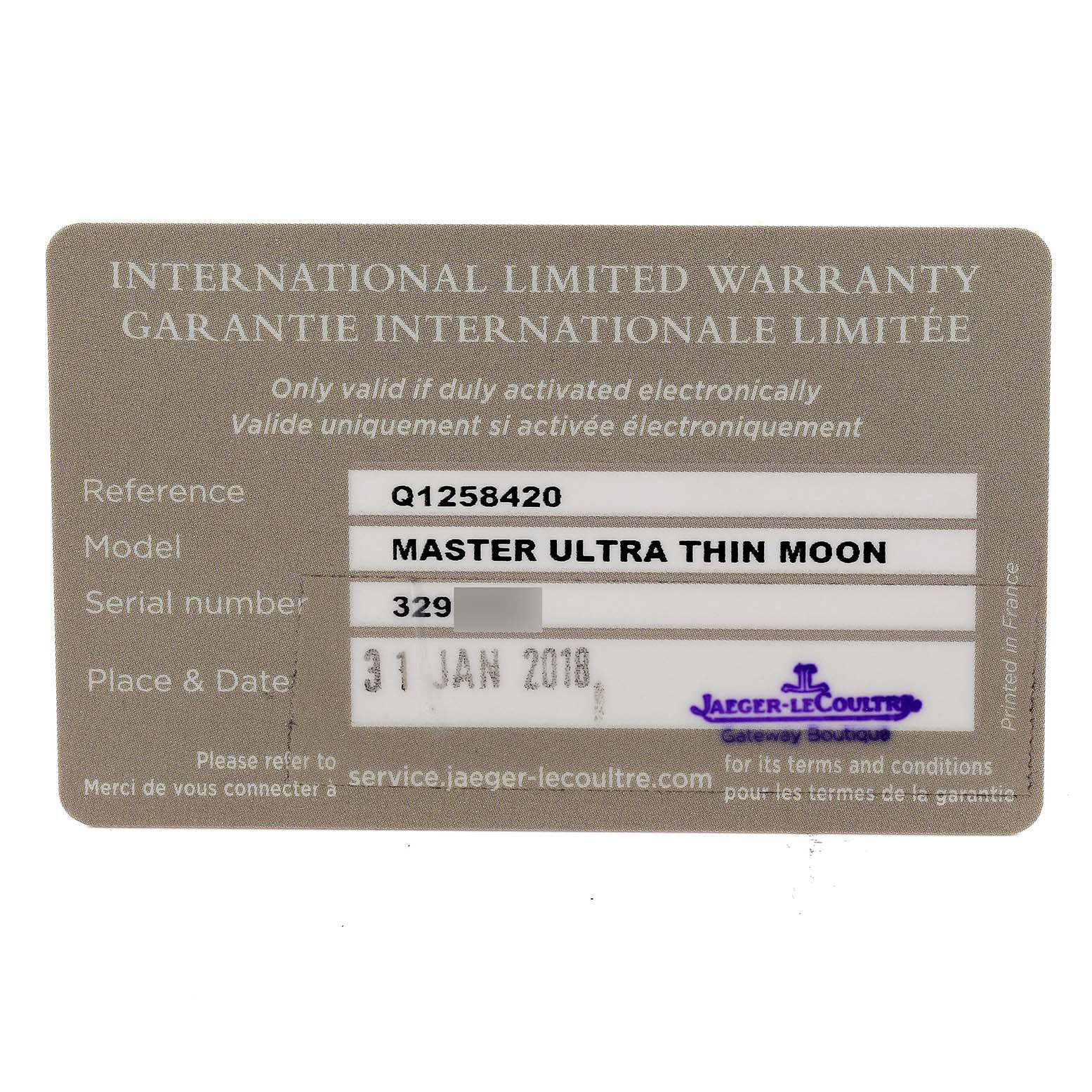 The image shows an International Limited Warranty card for the Jaeger-LeCoultre Master Ultra Thin Moon model.