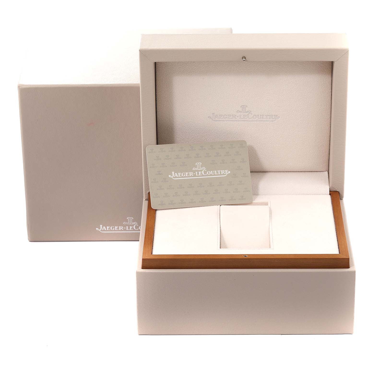 This image shows the packaging box, inner box, and certificate card for a Jaeger LeCoultre Master Q1258420 Men's Stainless Steel Silver Dial Q1258420 Men's Stainless Steel Silver Dial model watch.