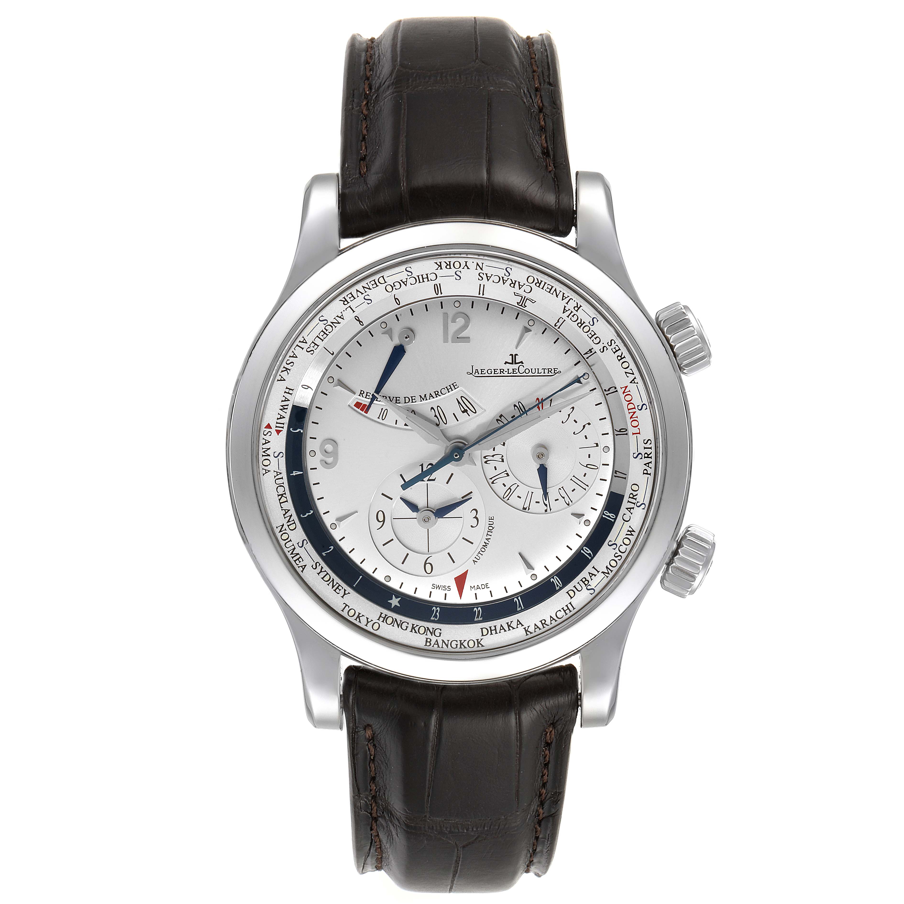 This image shows a Jaeger LeCoultre Master Q1528420 Men's Stainless Steel Silver Dial Q1528420 Men's Stainless Steel Silver Dial model watch from a top-down angle, highlighting its dial, case, and leather strap.