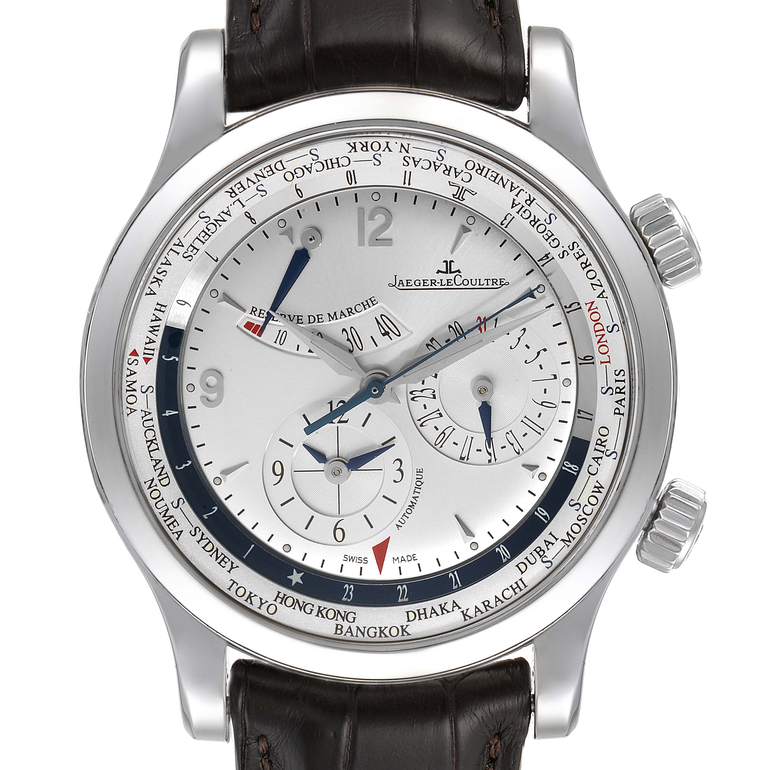 The image shows the front view of the Jaeger-LeCoultre Master model watch, displaying the dial, hands, and markers.