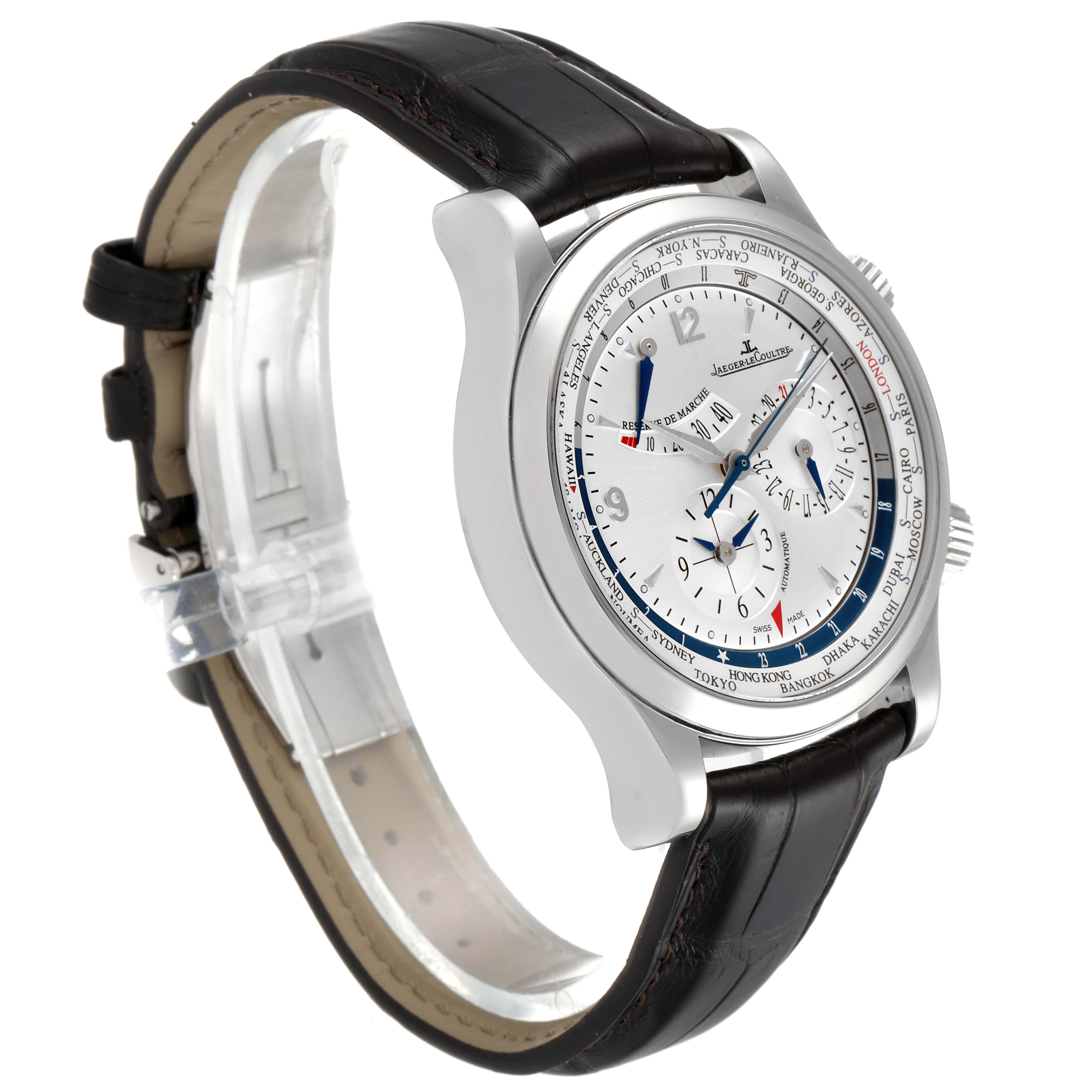 The image shows a side angle of a Jaeger LeCoultre Master Q1528420 Men's Stainless Steel Silver Dial Q1528420 Men's Stainless Steel Silver Dial model watch, focusing on its face and leather strap.