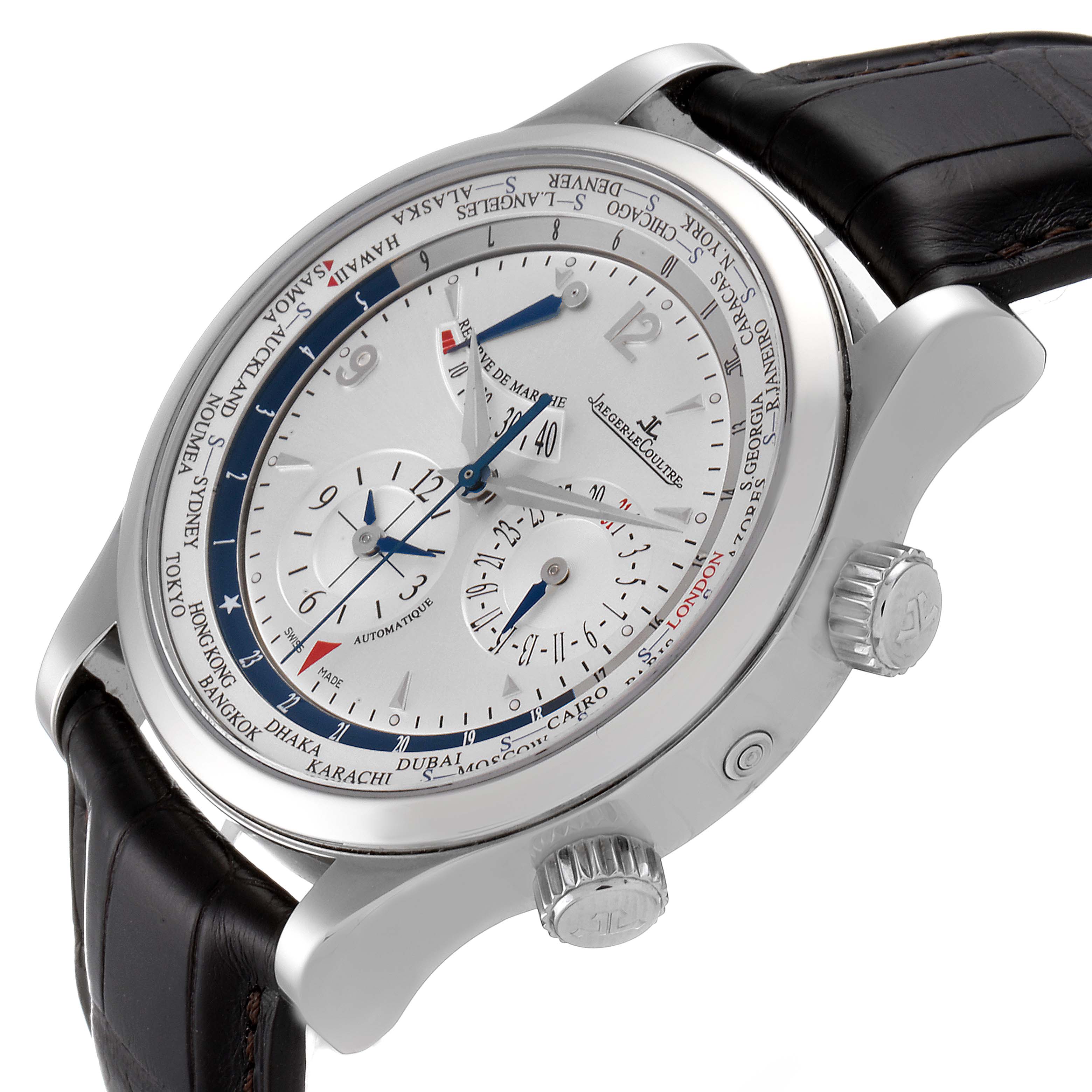 The image shows a side angle of the Jaeger LeCoultre Master Q1528420 Men's Stainless Steel Silver Dial Q1528420 Men's Stainless Steel Silver Dial model watch, highlighting the case, dial, crown, and leather strap.