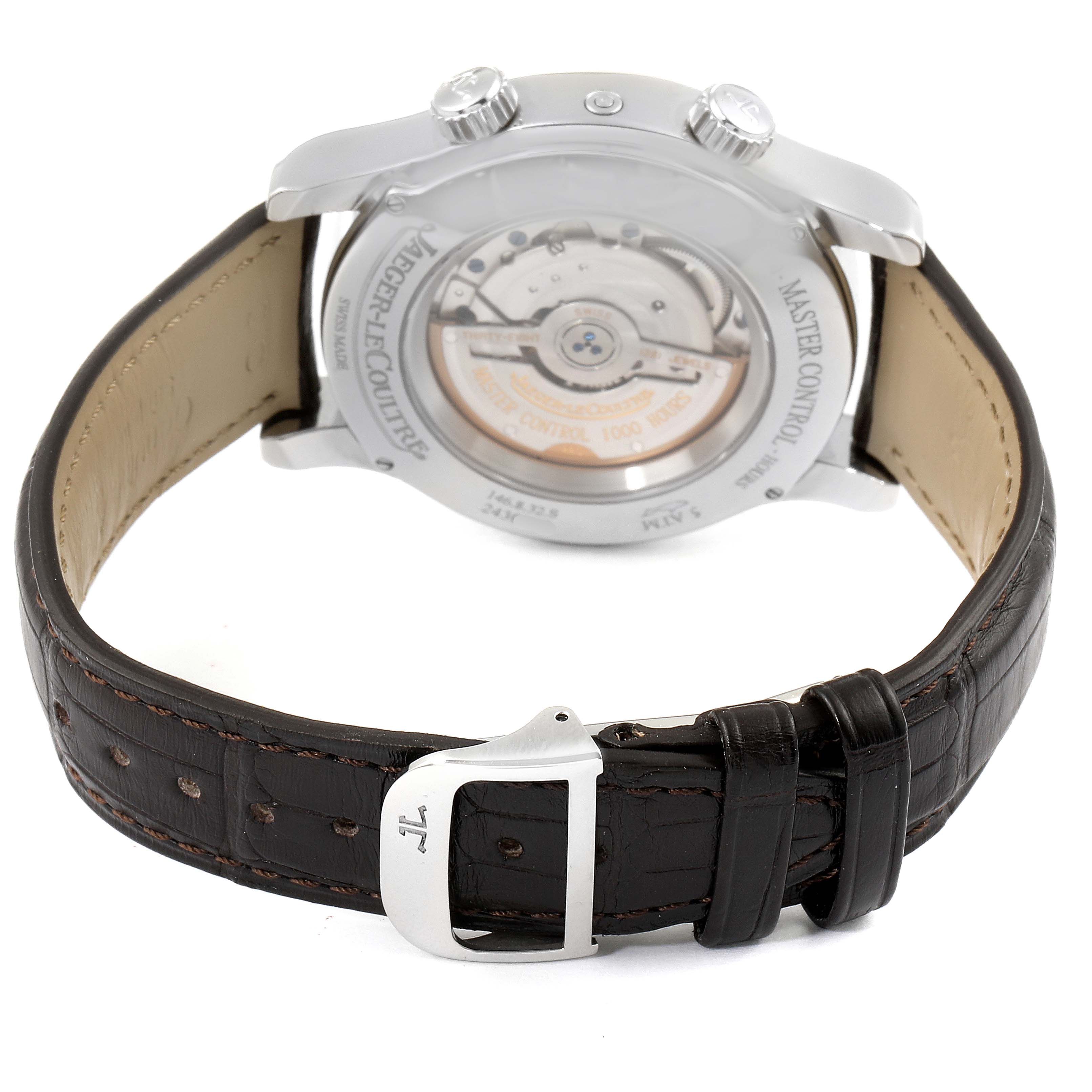 The image shows the back view of the Jaeger-LeCoultre Master model watch, displaying its movement and leather strap.