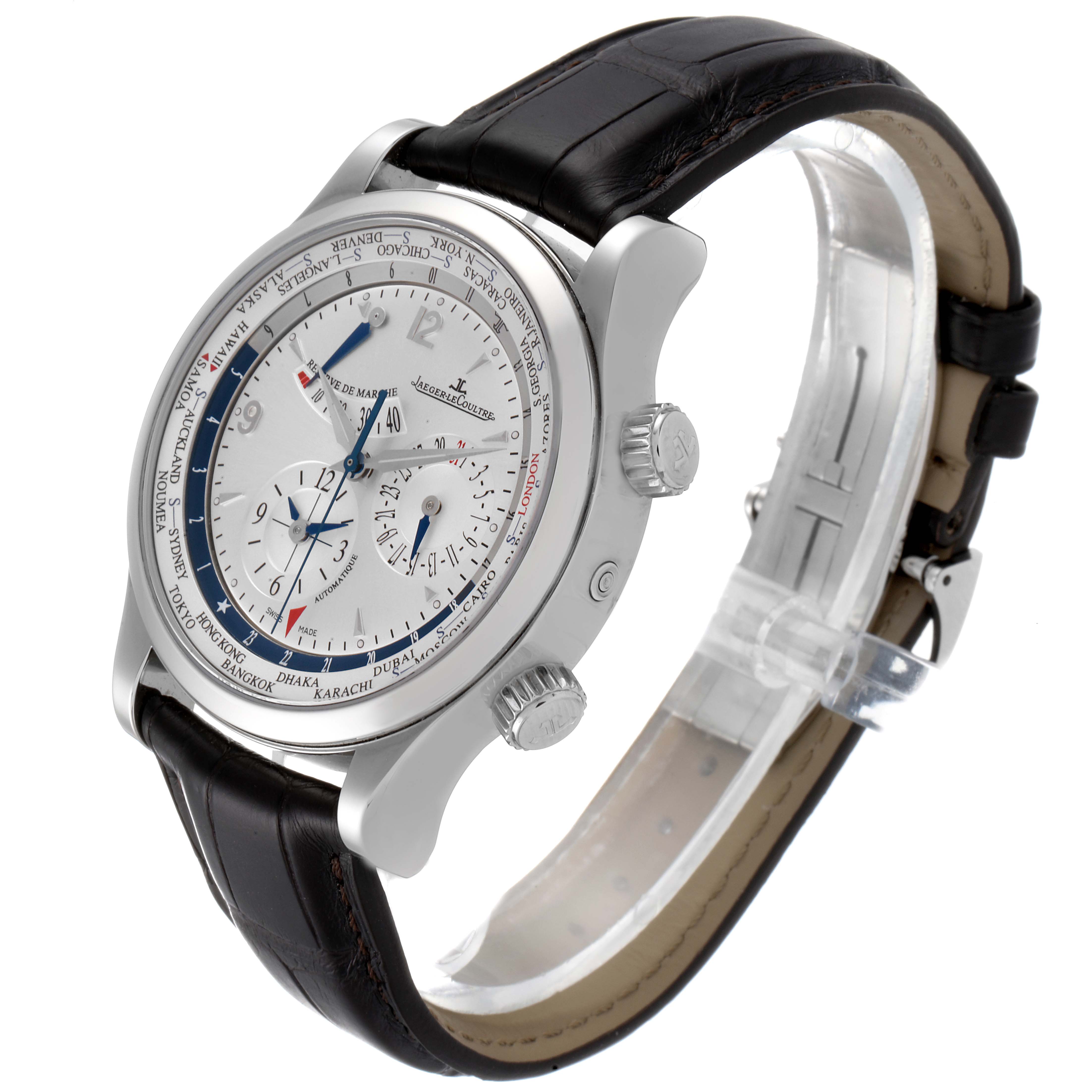 The image shows a Jaeger LeCoultre Master Q1528420 Men's Stainless Steel Silver Dial Q1528420 Men's Stainless Steel Silver Dial model watch at a three-quarter angle, highlighting its dial, case, and leather strap.