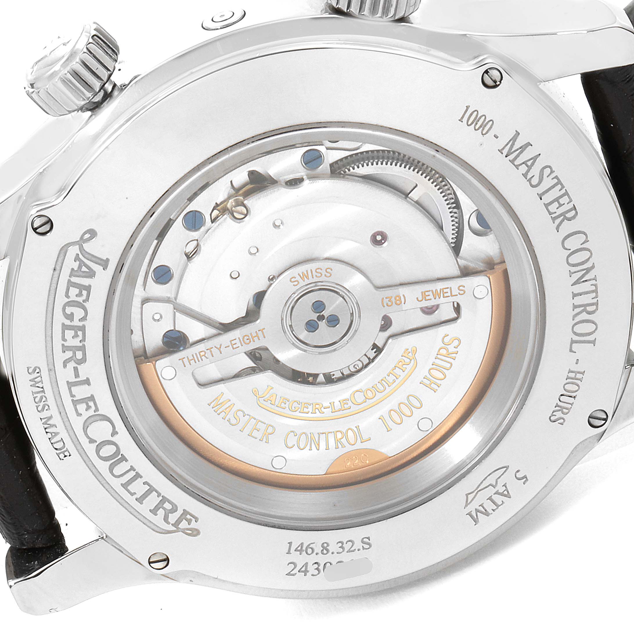 This image shows the back view of a Jaeger-LeCoultre Master Control watch, highlighting its internal movement and mechanism.