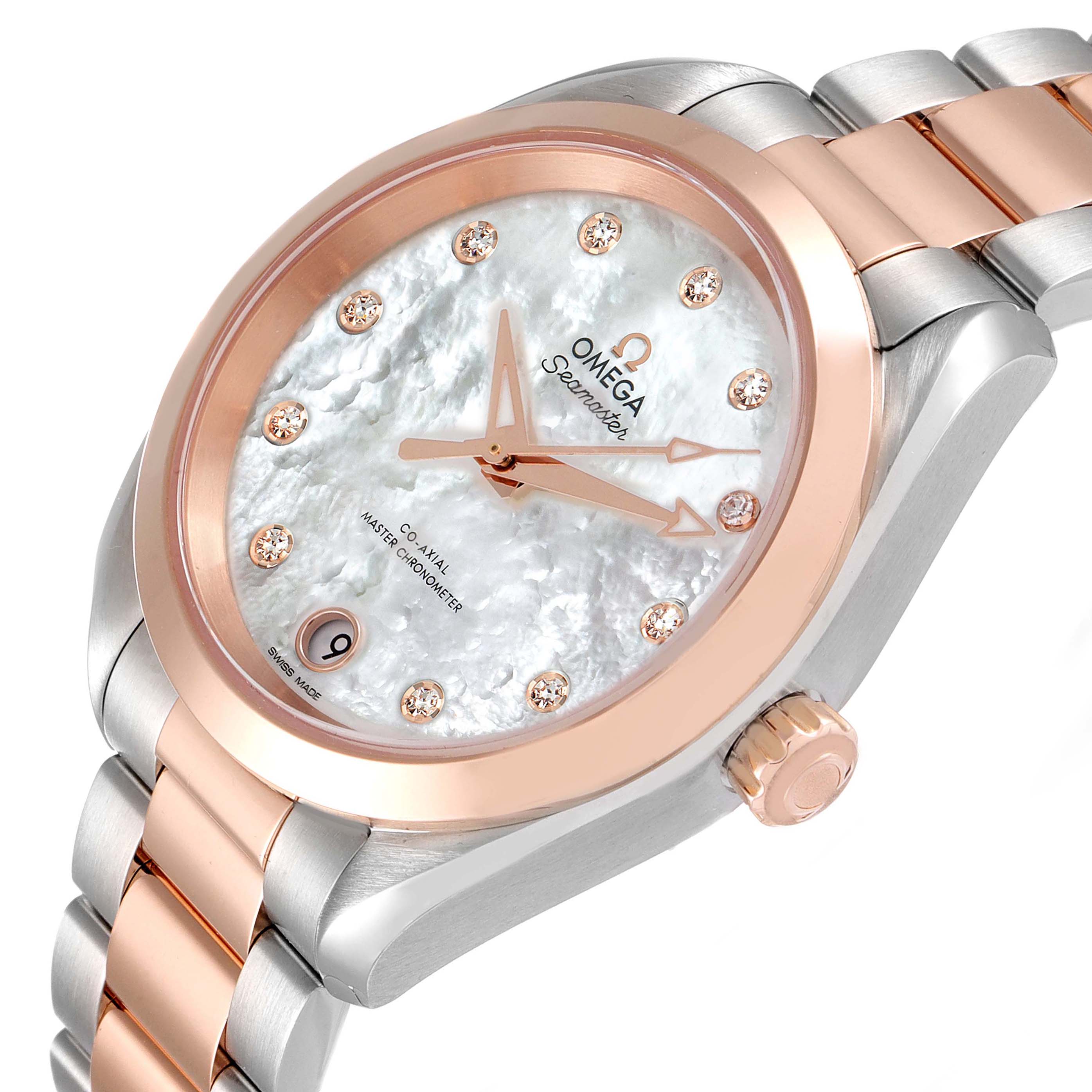 The Omega 220.20.34.20.55.001 Women's Steel and Gold (two tone) Mother of Pearl Dial 220.20.34.20.55.001 Women's Steel and Gold (two tone) Mother of Pearl Dial Aqua Terra Sedna Gold Diamond Ladies Watch 220.20.34.20.55.001 is shown at an angled close-up emphasizing the face and bracelet.