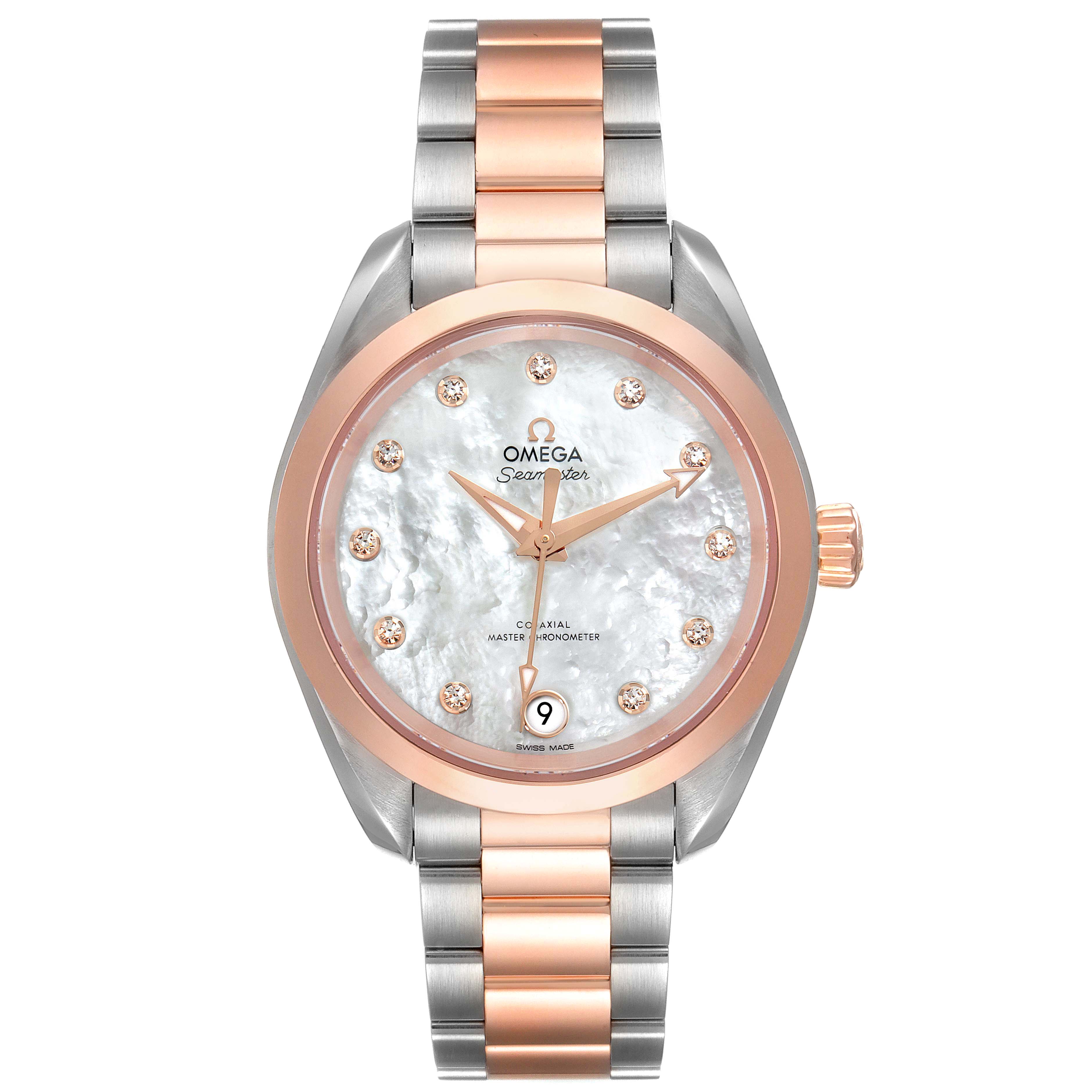 The image shows a front view of the Omega 220.20.34.20.55.001 Women's Steel and Gold (two tone) Mother of Pearl Dial 220.20.34.20.55.001 Women's Steel and Gold (two tone) Mother of Pearl Dial Aqua Terra Sedna Gold Diamond Ladies Watch 220.20.34.20.55.001, highlighting its dial and bracelet.