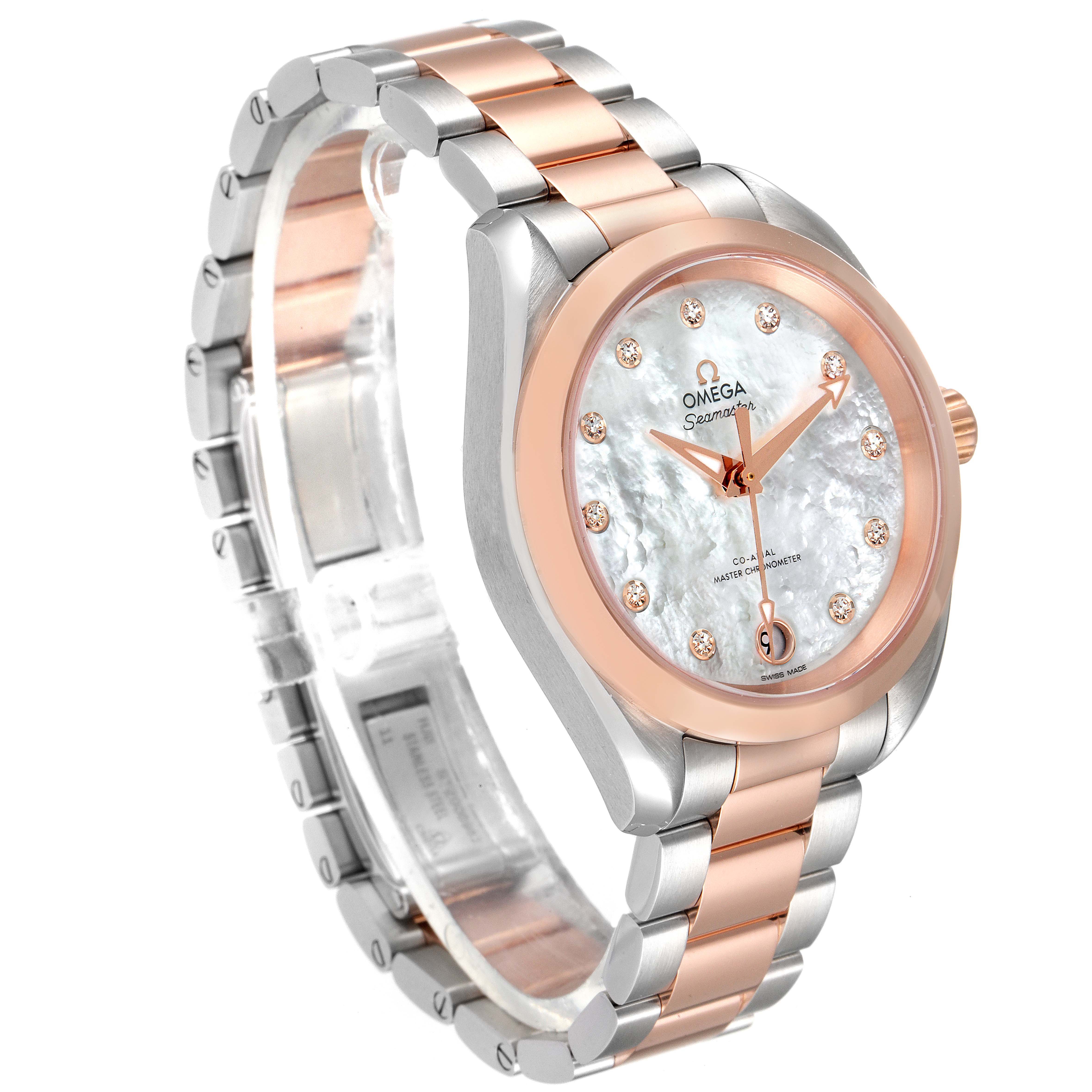 The image shows the Omega 220.20.34.20.55.001 Women's Steel and Gold (two tone) Mother of Pearl Dial 220.20.34.20.55.001 Women's Steel and Gold (two tone) Mother of Pearl Dial Aqua Terra Sedna Gold Diamond Ladies Watch 220.20.34.20.55.001 at an angle showcasing the face and strap.