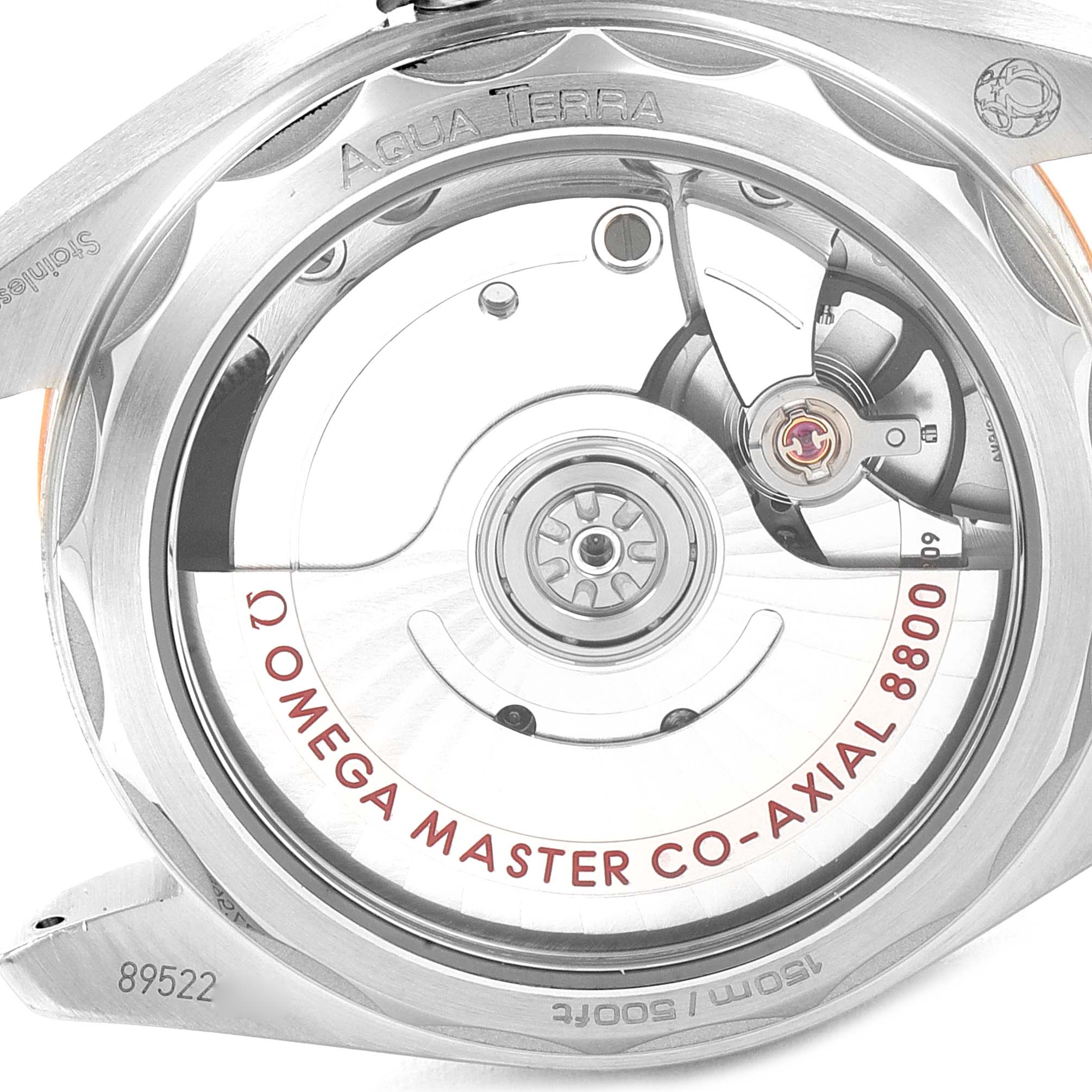 The image shows the back view of the Omega 220.20.34.20.55.001 Women's Steel and Gold (two tone) Mother of Pearl Dial 220.20.34.20.55.001 Women's Steel and Gold (two tone) Mother of Pearl Dial Aqua Terra Sedna Gold Diamond Ladies Watch 220.20.34.20.55.001, displaying its movement.