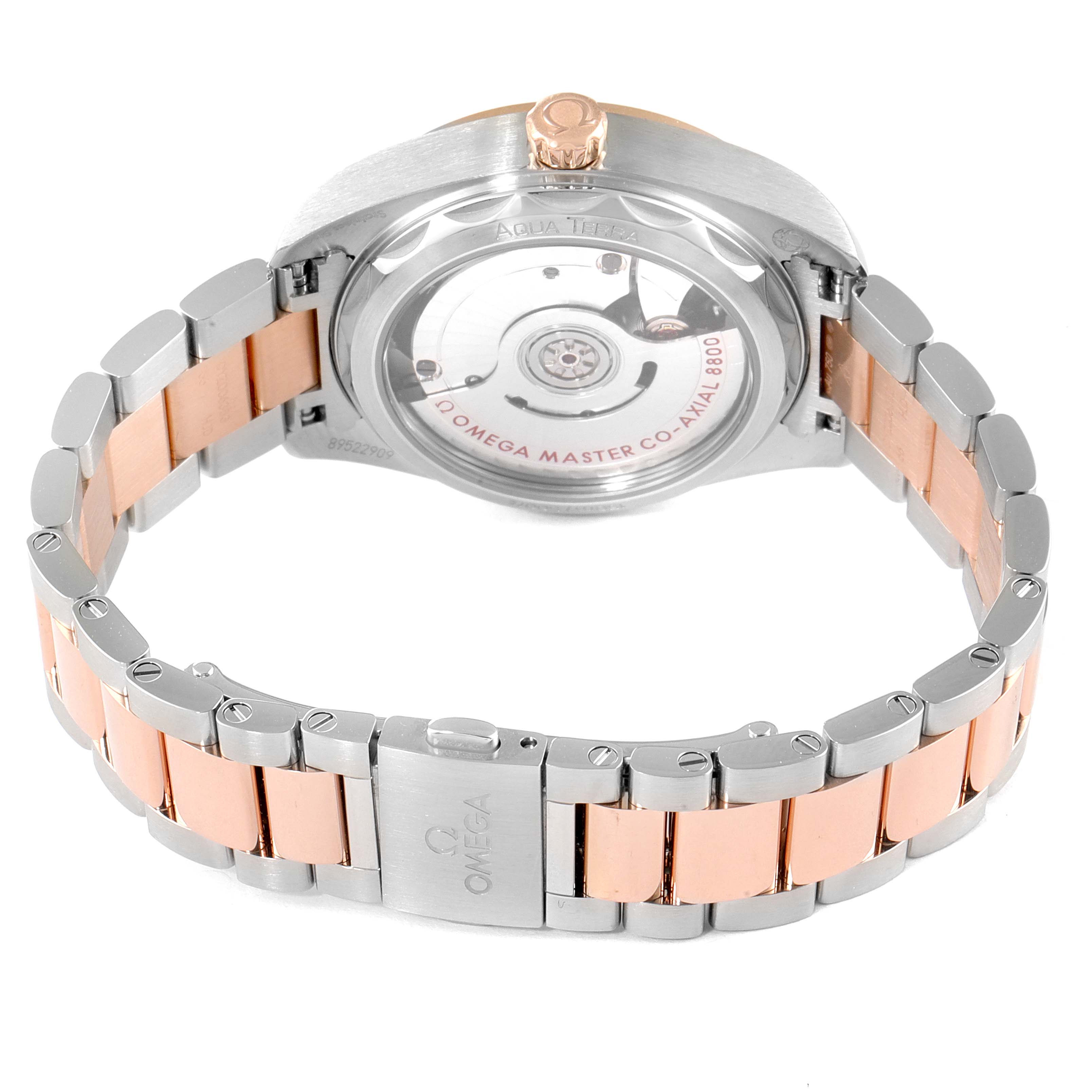 The image shows the back view of the Omega 220.20.34.20.55.001 Women's Steel and Gold (two tone) Mother of Pearl Dial 220.20.34.20.55.001 Women's Steel and Gold (two tone) Mother of Pearl Dial Aqua Terra Sedna Gold Diamond Ladies Watch model 220.20.34.20.55.001, highlighting the bracelet and movement.