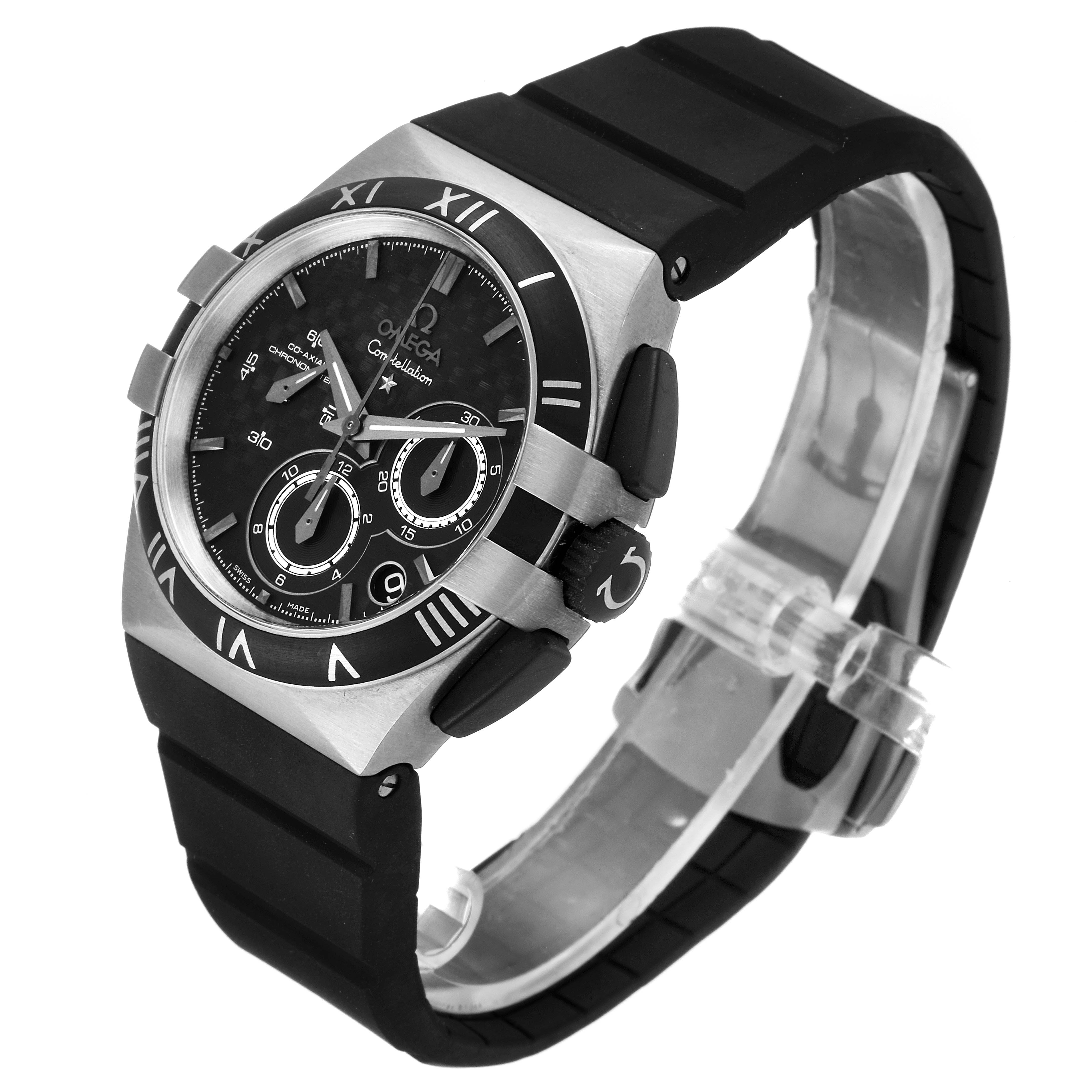 The image shows an Omega Constellation 121.92.35.50.01.00 Men's Titanium Black Dial 121.92.35.50.01.00 Men's Titanium Black Dial watch from a three-quarter angle, highlighting its face, bezel, and rubber strap.