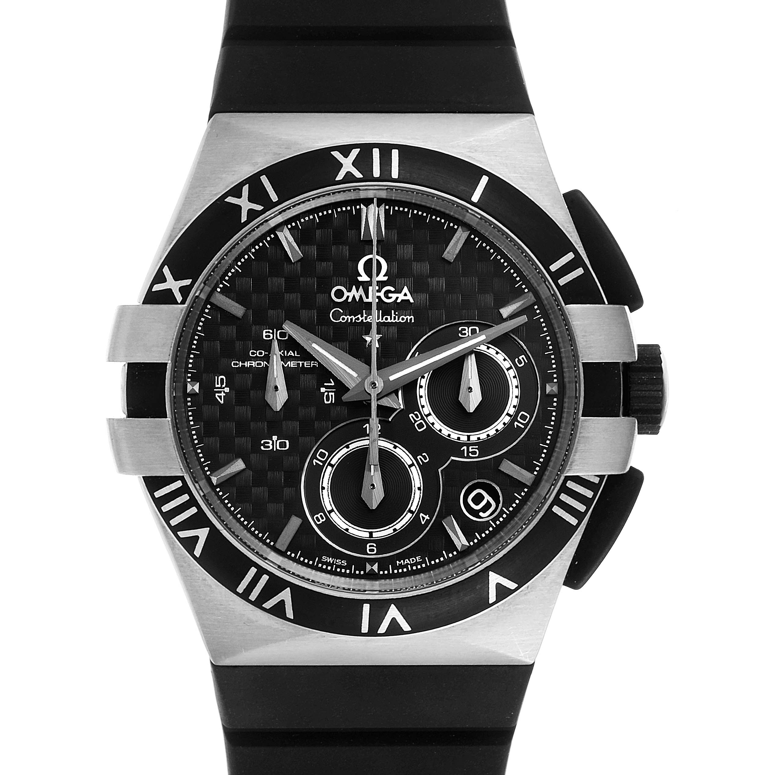 This image displays the Omega Constellation 121.92.35.50.01.00 Men's Titanium Black Dial 121.92.35.50.01.00 Men's Titanium Black Dial watch face with visible chronograph sub-dials and Roman numeral hour markers.