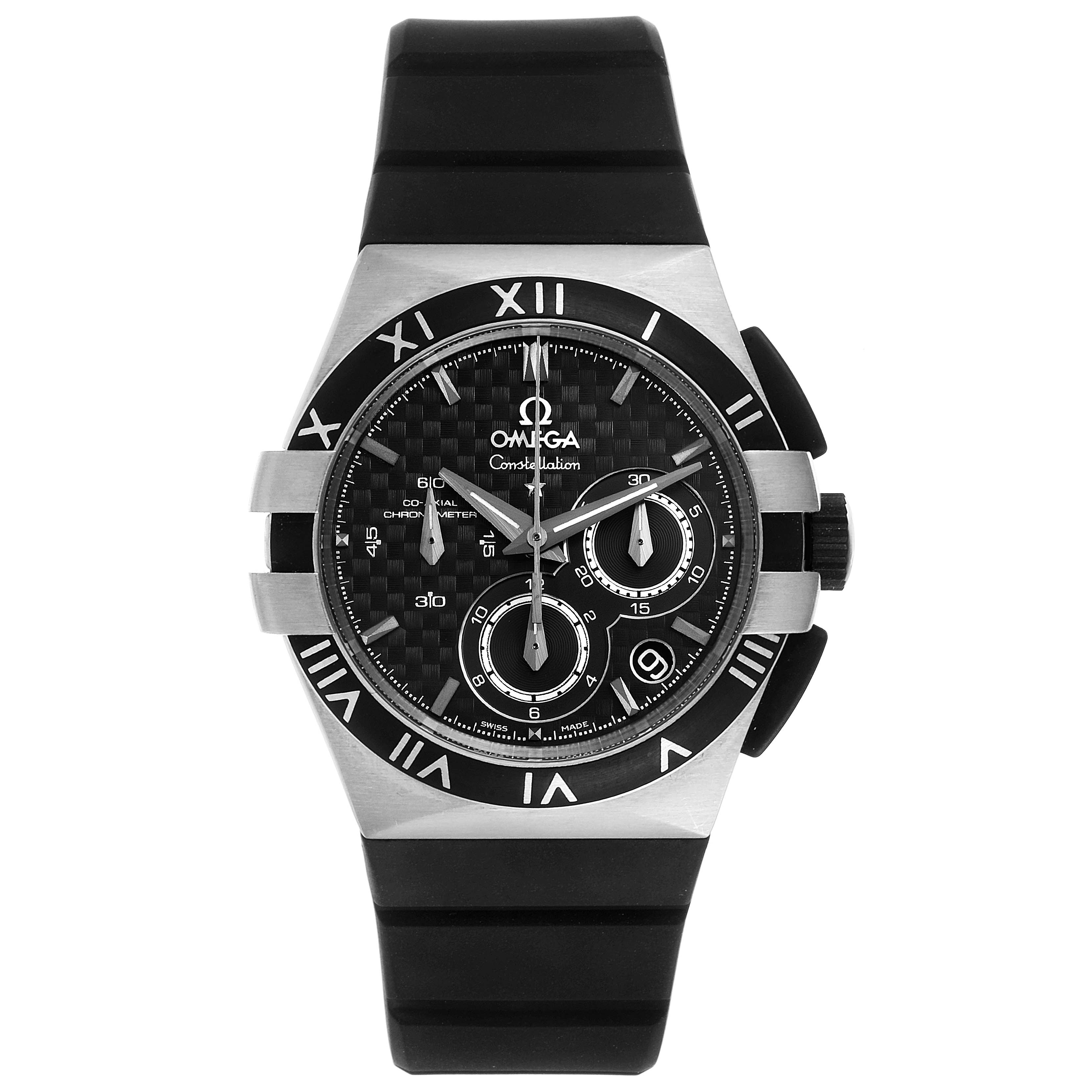 This image shows a frontal view of an Omega Constellation 121.92.35.50.01.00 Men's Titanium Black Dial 121.92.35.50.01.00 Men's Titanium Black Dial watch, highlighting its black dial, bezel, and rubber strap.