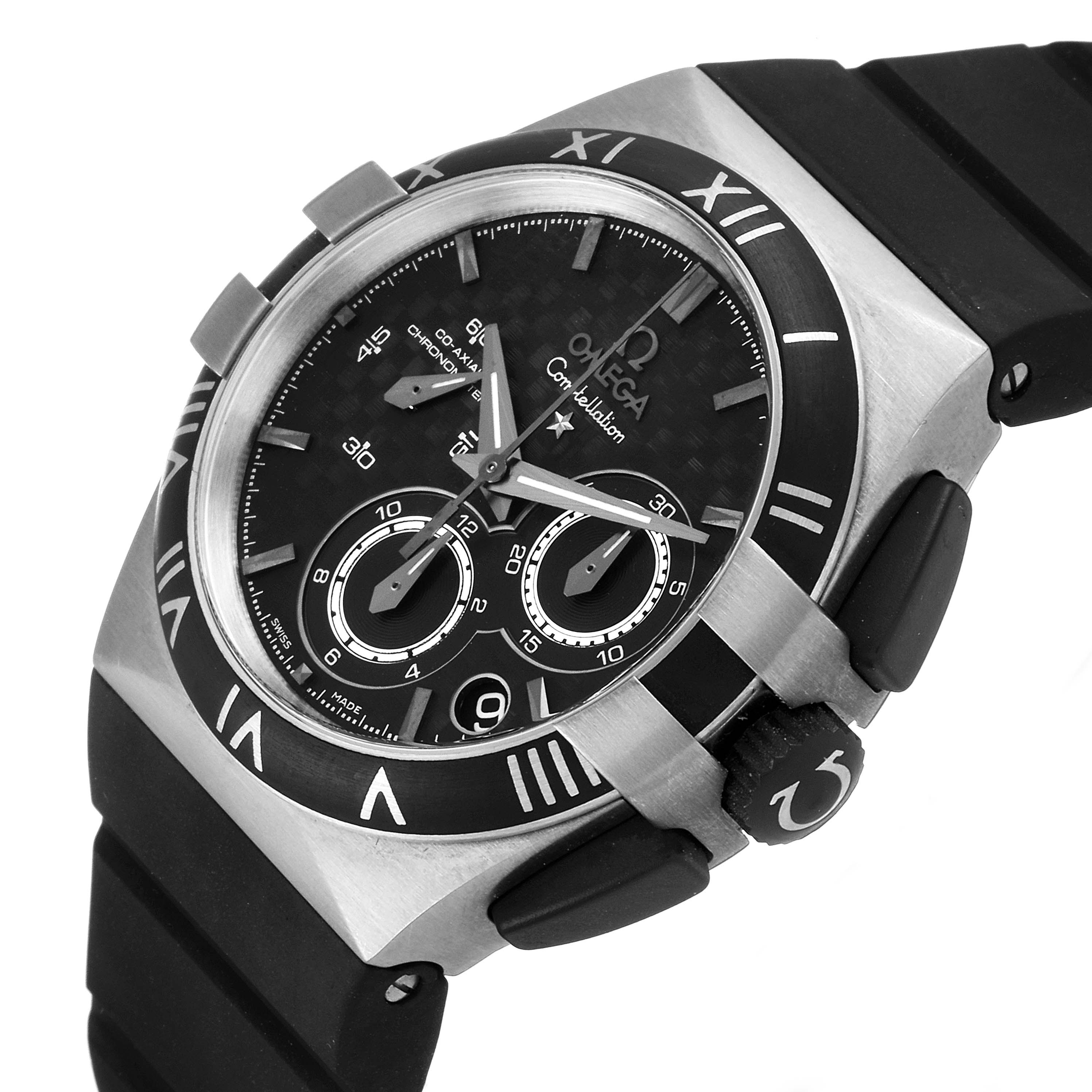 The image depicts an Omega Constellation 121.92.35.50.01.00 Men's Titanium Black Dial 121.92.35.50.01.00 Men's Titanium Black Dial watch, angled to show the face, bezel, and part of the strap.