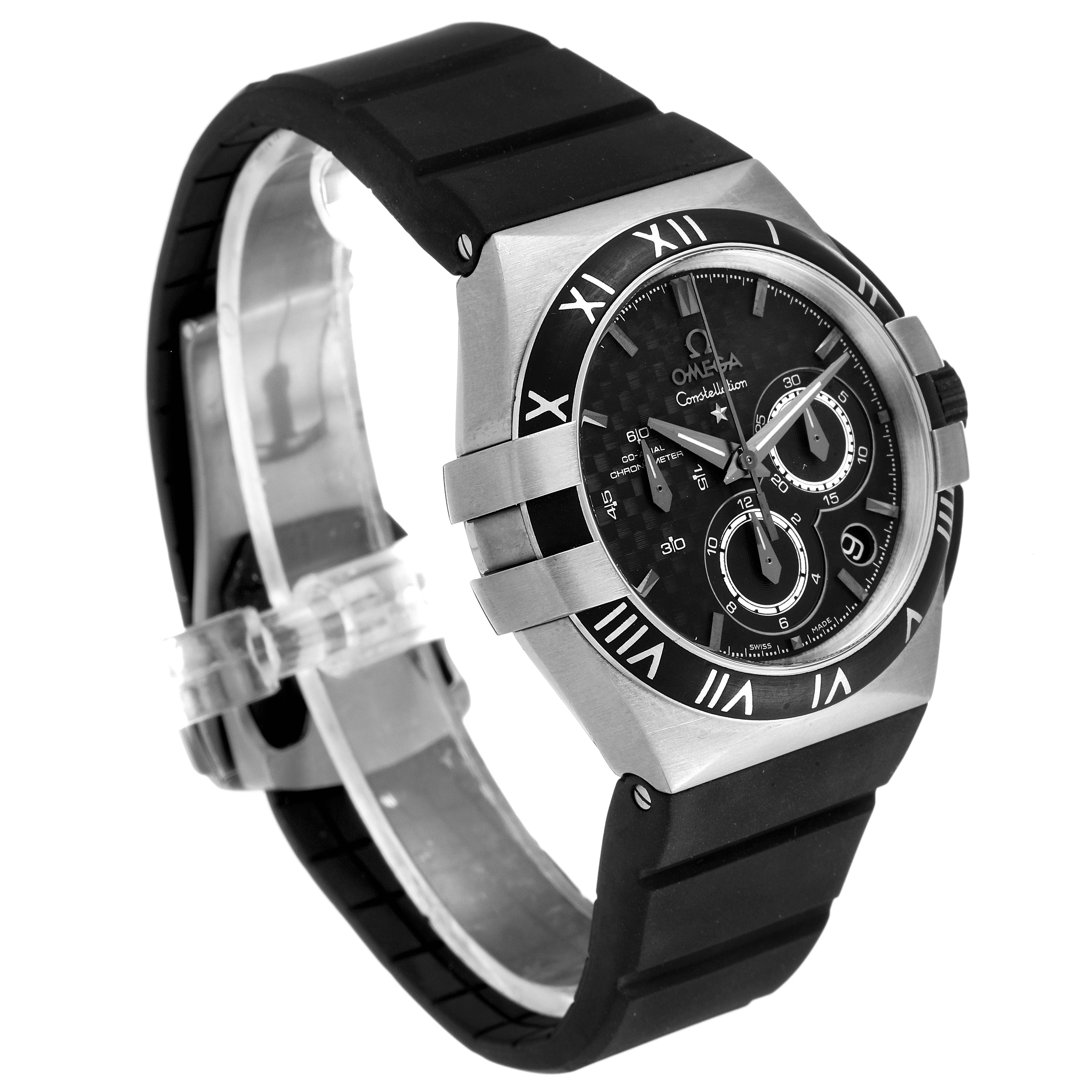 This is an angled view of an Omega Constellation 121.92.35.50.01.00 Men's Titanium Black Dial 121.92.35.50.01.00 Men's Titanium Black Dial watch, displaying its black strap, bezel with Roman numerals, and chronograph subdials.