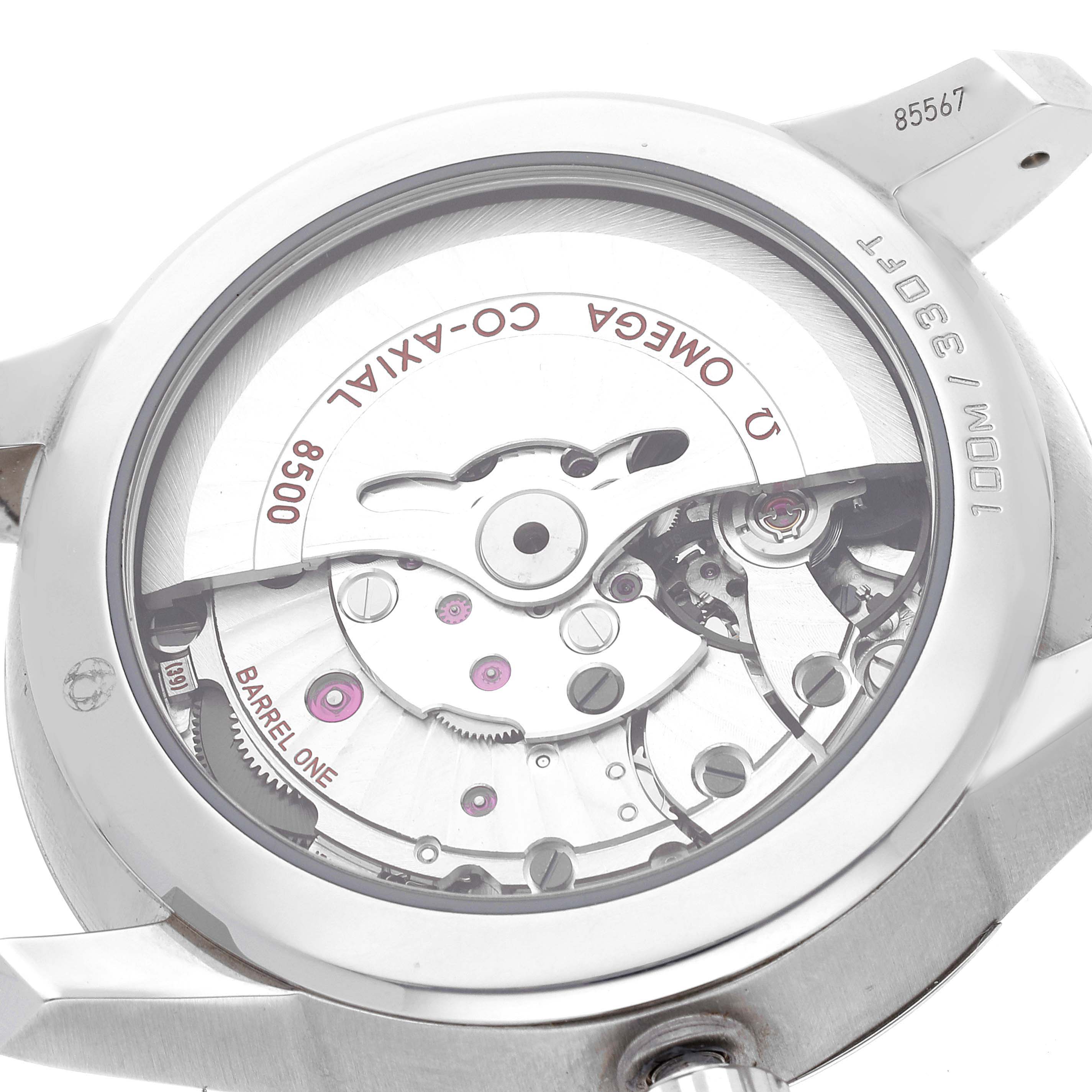 The image shows the back of an Omega De Ville 431.10.41.21.01.001 Men's Stainless Steel Black Dial 431.10.41.21.01.001 Men's Stainless Steel Black Dial watch, highlighting the exposed mechanical movement and "Co-Axial 8500" text.