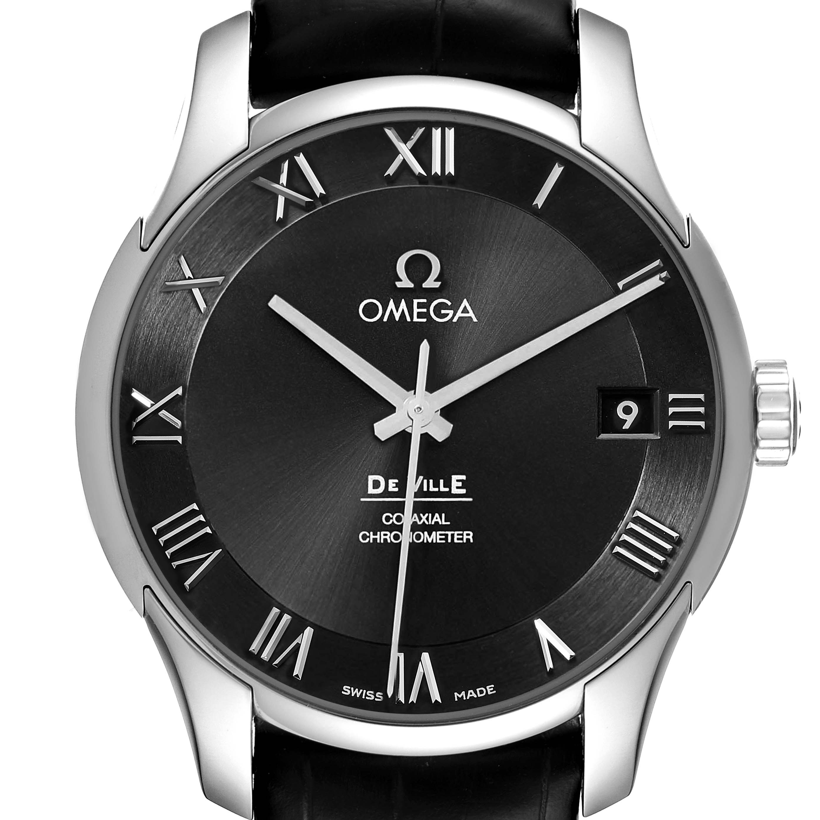 The image shows a front view of an Omega De Ville 431.10.41.21.01.001 Men's Stainless Steel Black Dial 431.10.41.21.01.001 Men's Stainless Steel Black Dial watch, highlighting the face, hands, date window, and part of the strap.